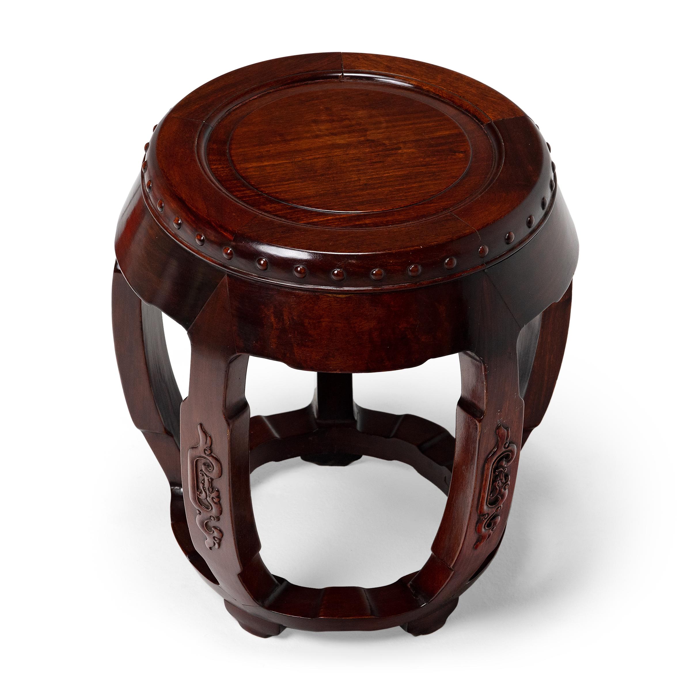 Pair of Chinese Hardwood Drum Stools In Good Condition For Sale In Chicago, IL