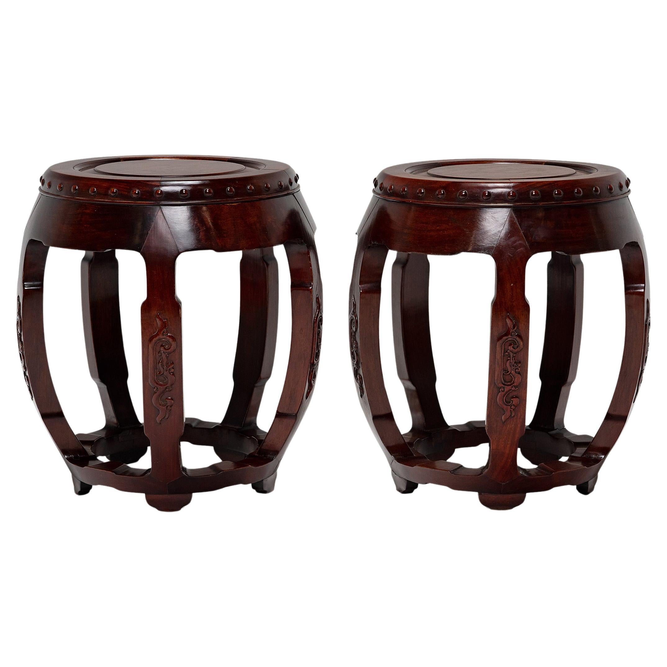 Pair of Chinese Hardwood Drum Stools For Sale
