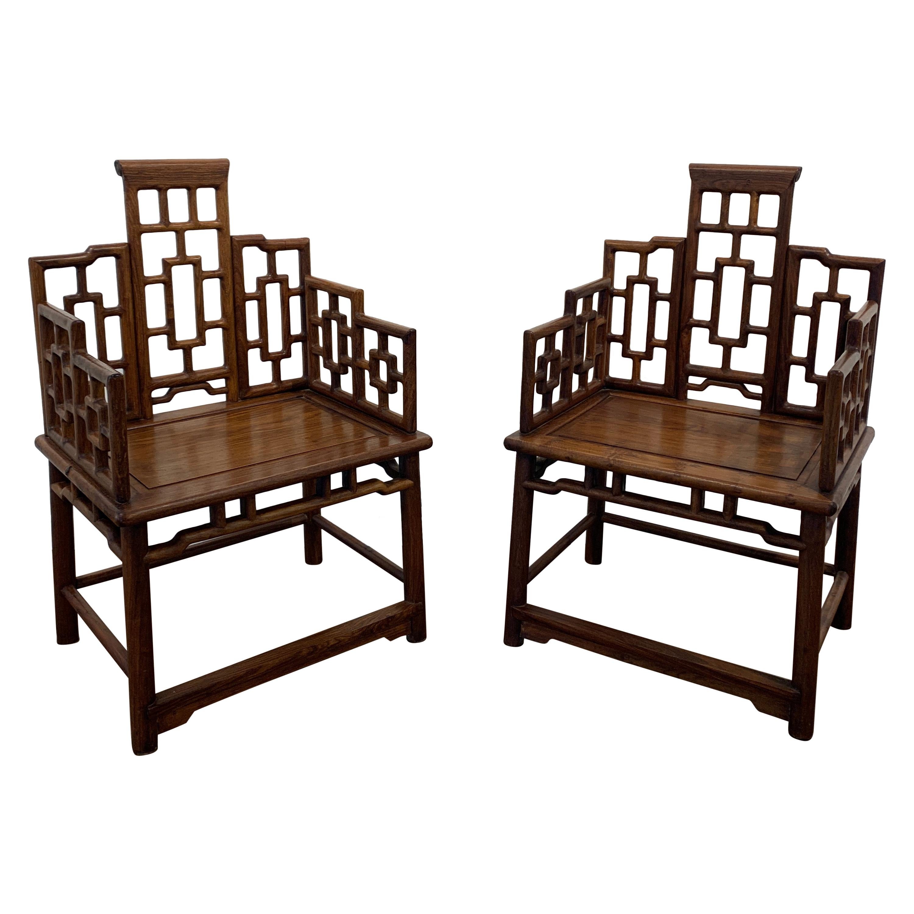 Pair of Chinese Hardwood Geometric Panel Armchairs, Mid-20th Century