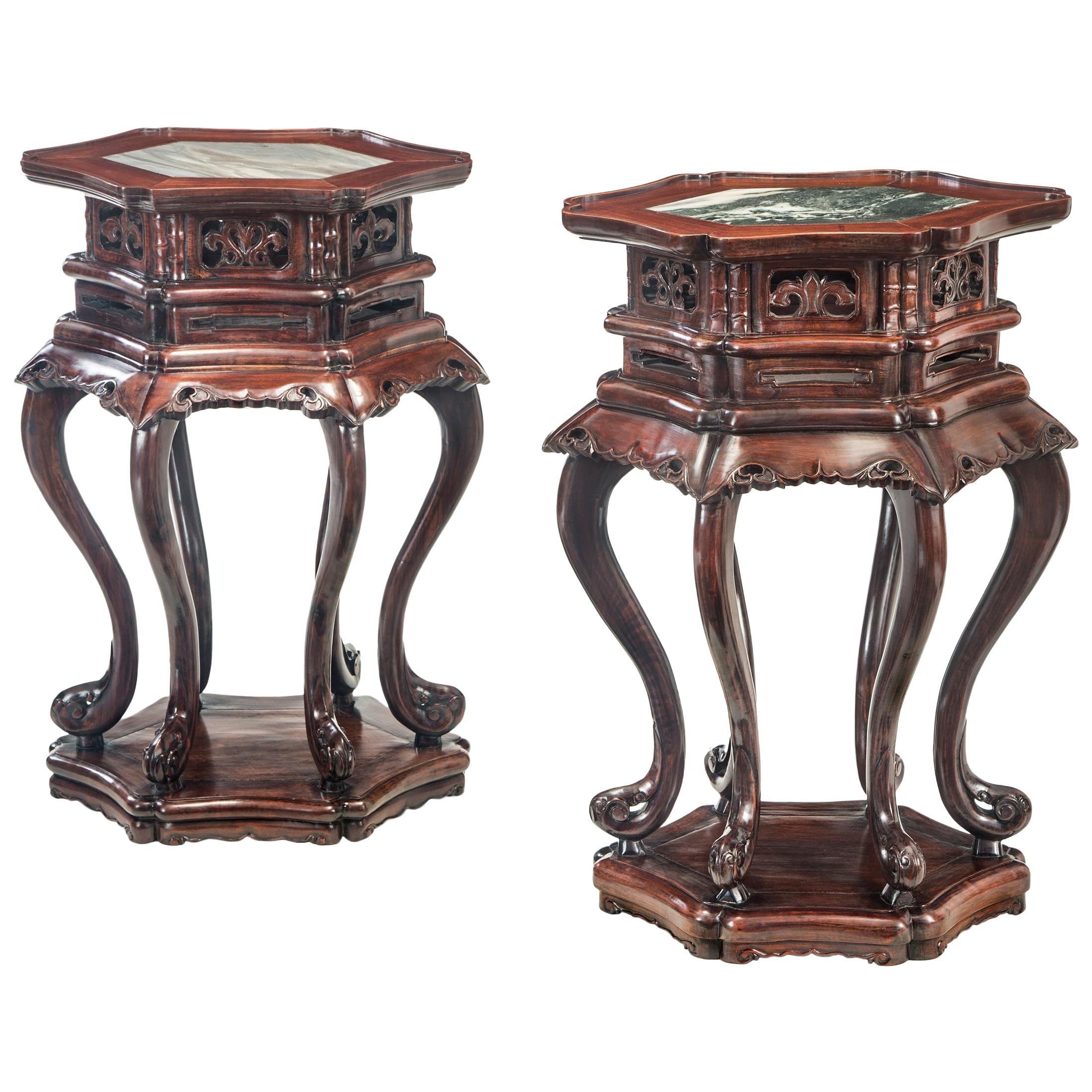 Pair of Chinese Hardwood Tables With Inset Marble Tops For Sale