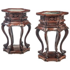 Pair of Chinese Hardwood Tables With Inset Marble Tops