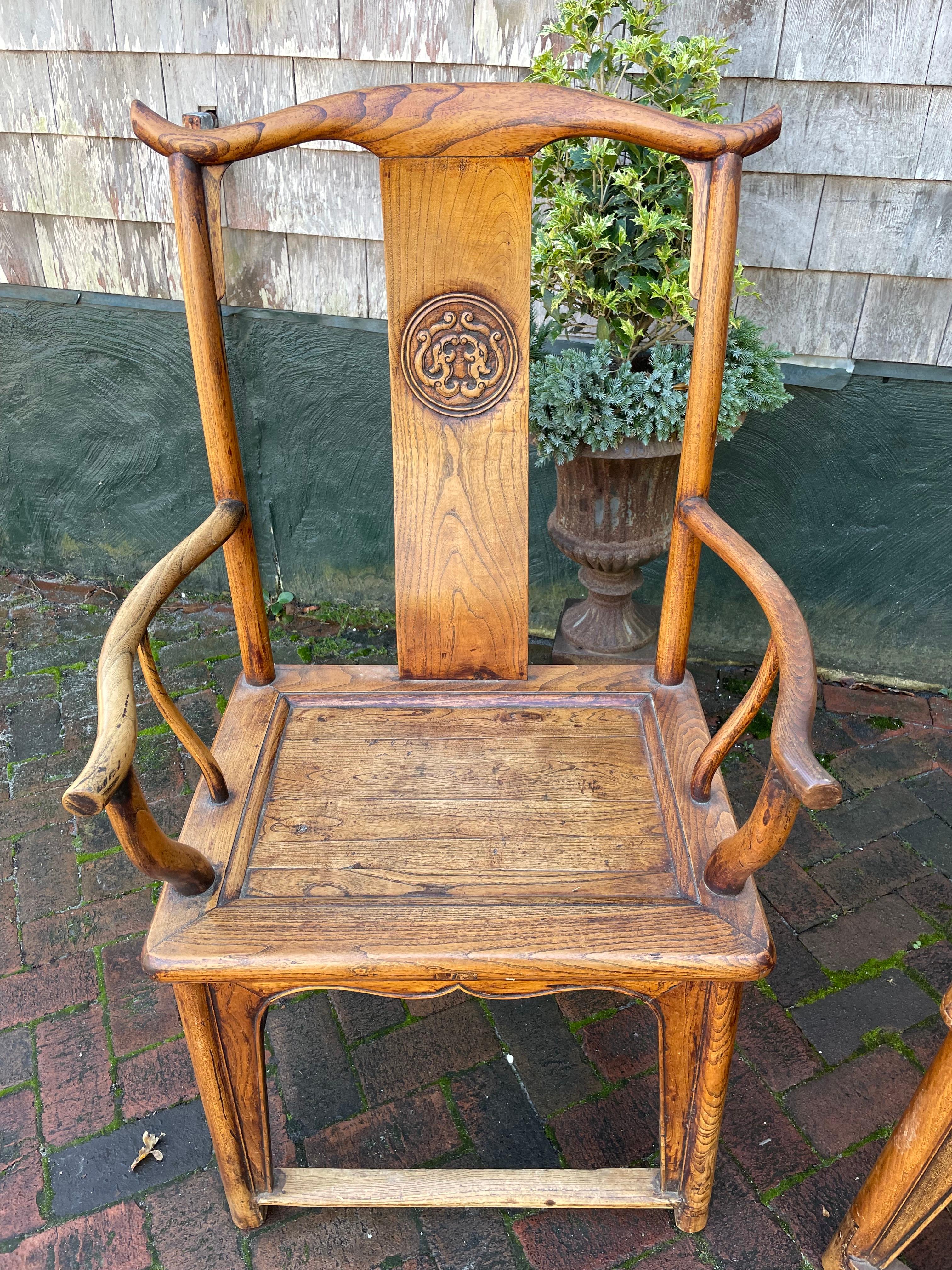 Elm Pair of Chinese Hardwood Yoke-Back Chairs For Sale