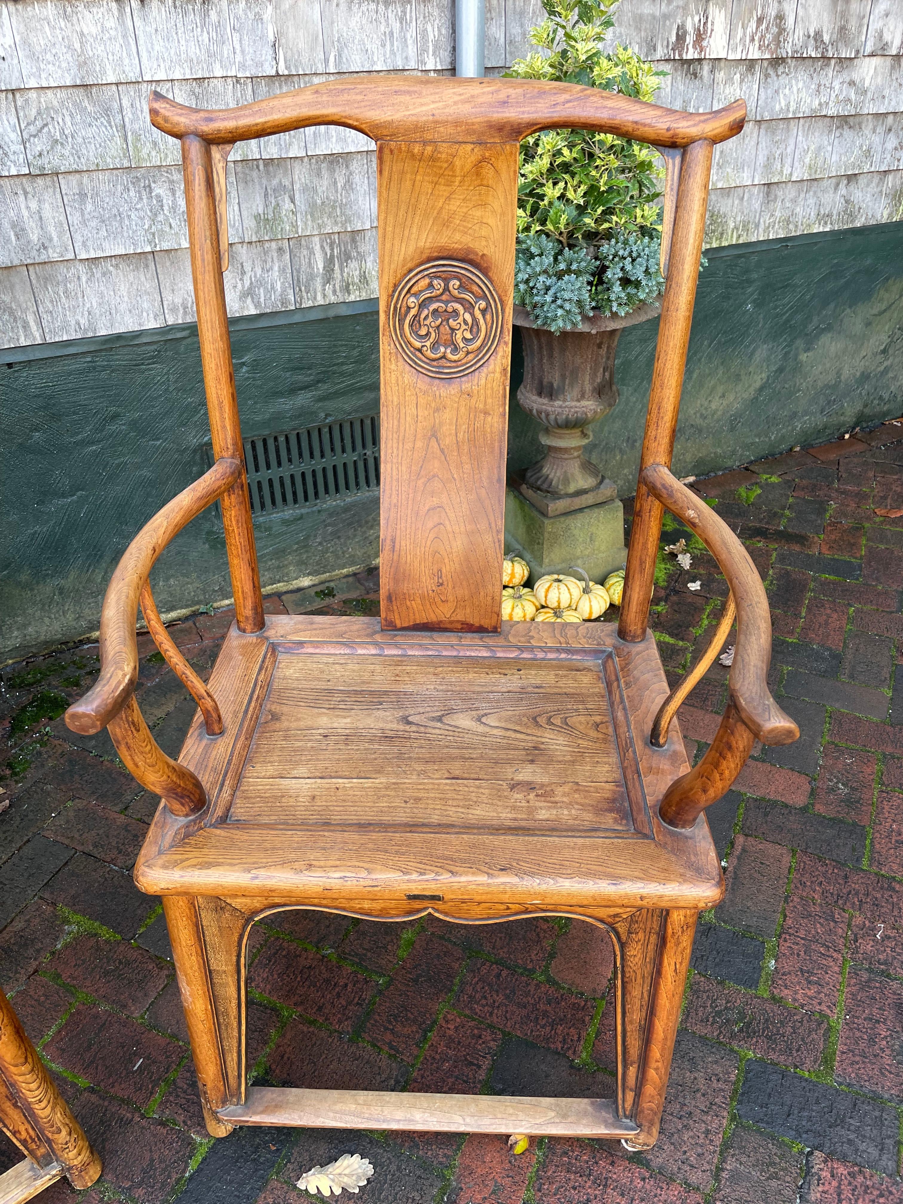 Pair of Chinese Hardwood Yoke-Back Chairs For Sale 1