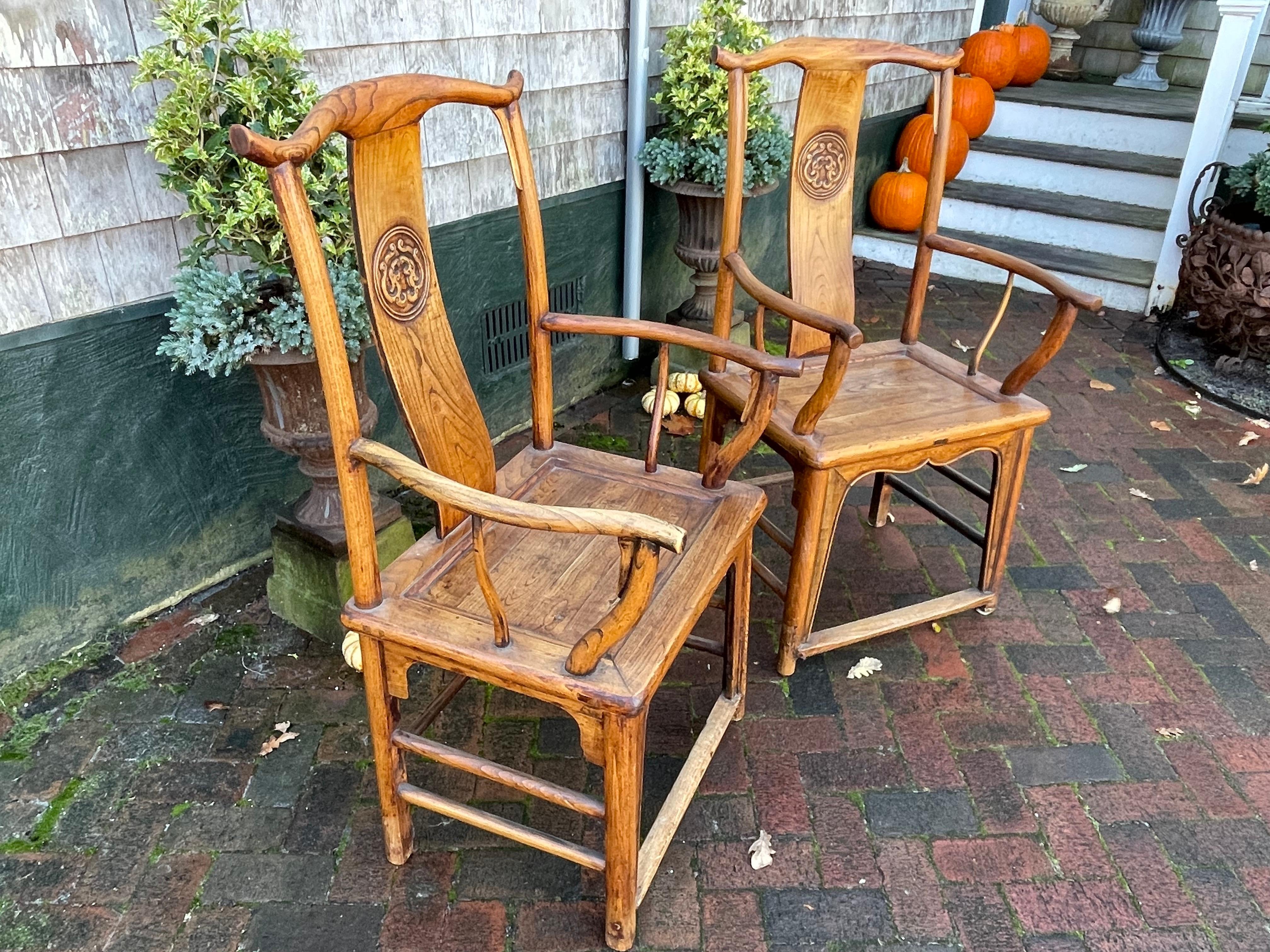 Hand-Crafted Pair of Chinese Hardwood Yoke-Back Chairs For Sale