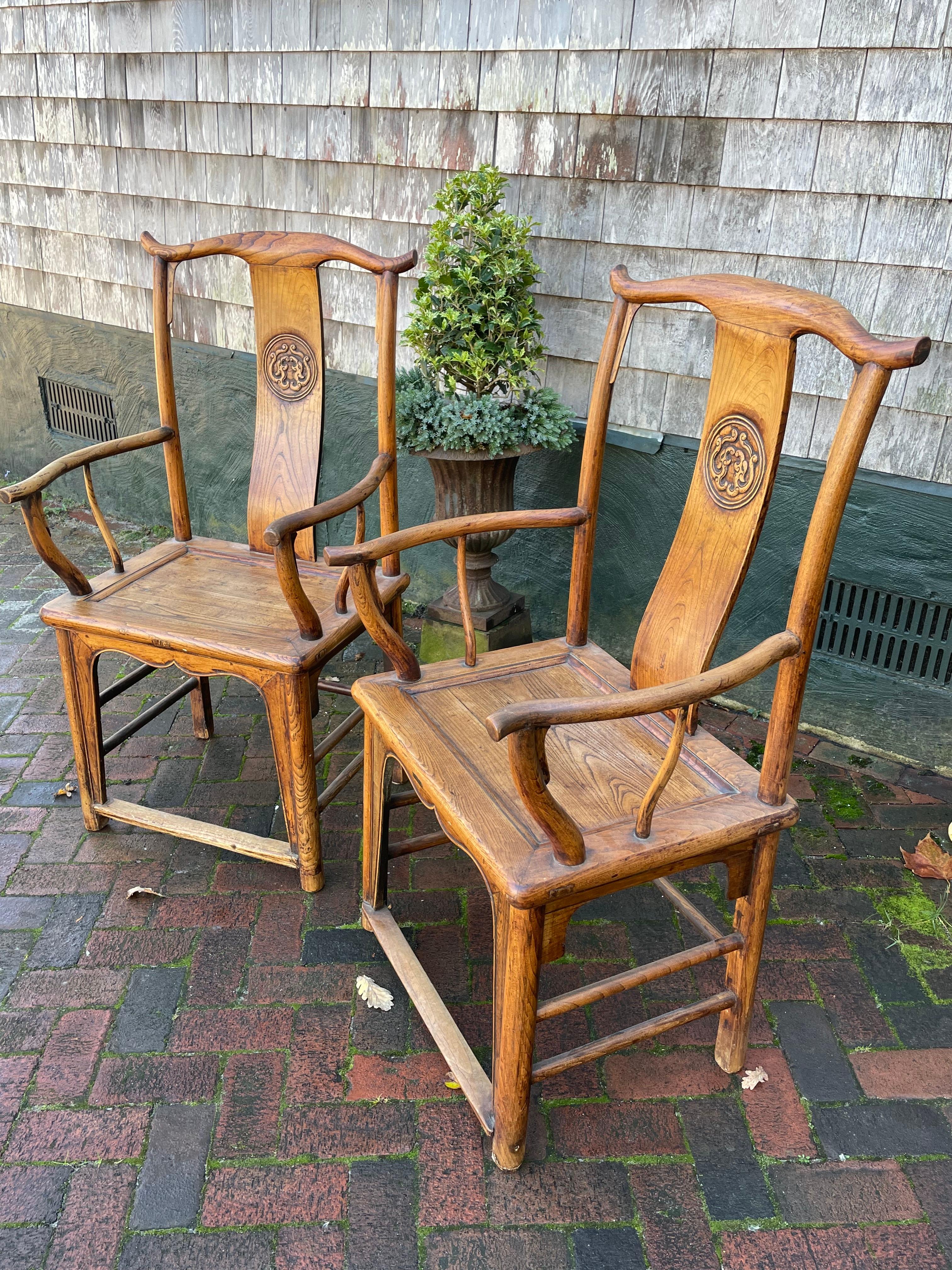 Pair of Chinese Hardwood Yoke-Back Chairs In Good Condition For Sale In Nantucket, MA