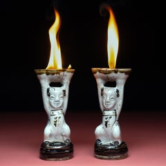 Pair of Chinese Ho Ho Boy Oil Lamps, c. 1850