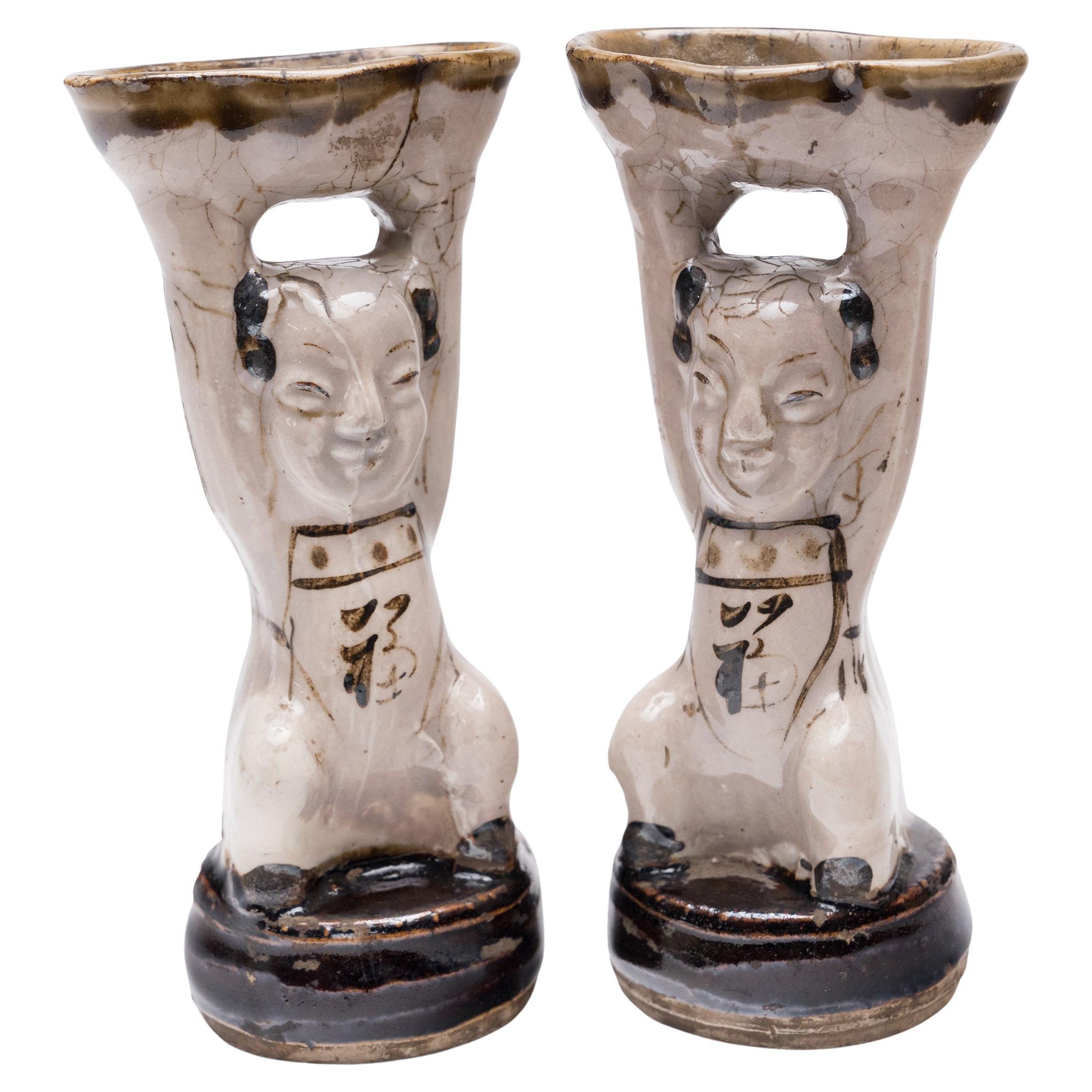 Pair of Chinese Ho Ho Boy Oil Lamps, c. 1850