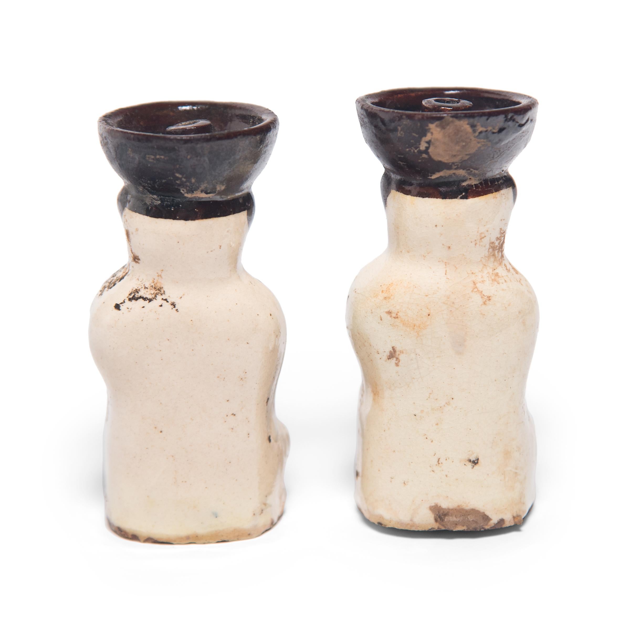 Glazed Pair of Chinese Ho Ho Boy Oil Lamps, circa 1900
