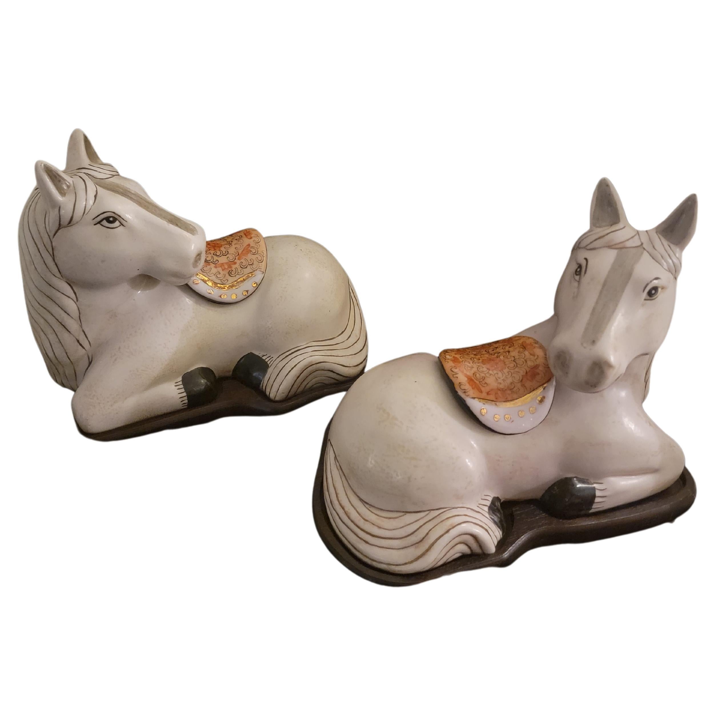Pair of Chinese Horses with Removeable Saddle Covers, on Stands For Sale