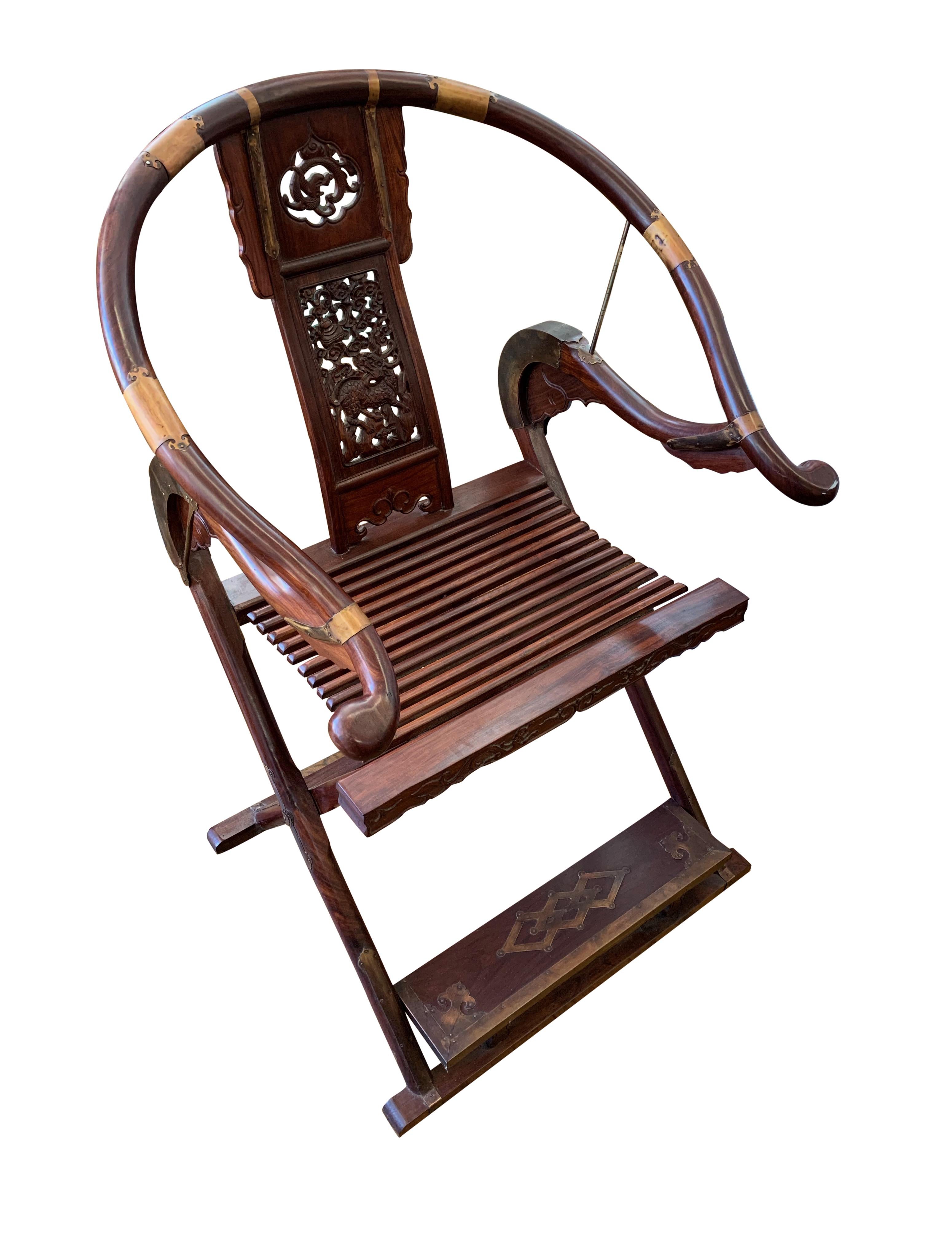 Asian Pair of Chinese Rosewood Horseshoe Folding Chairs