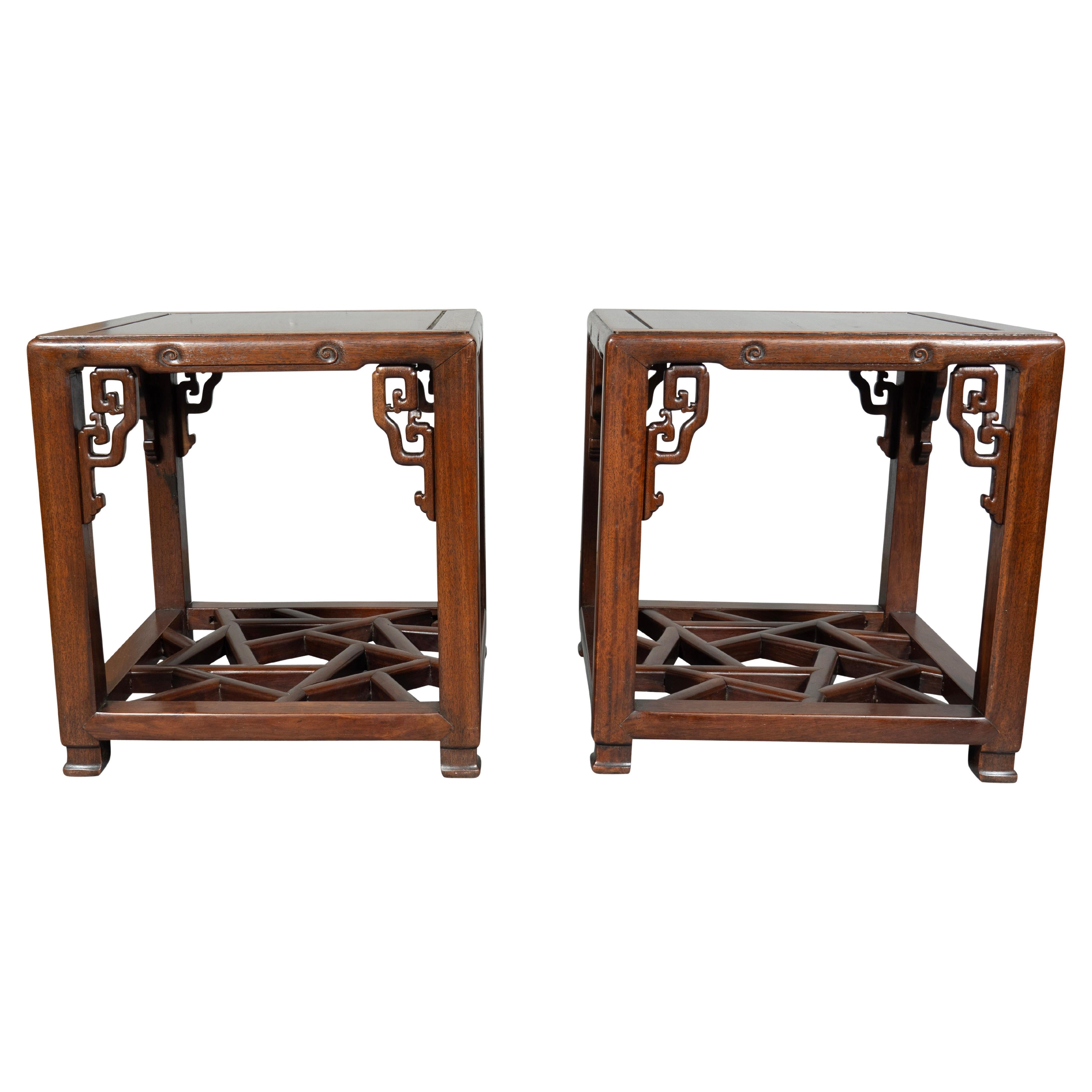 Pareja De Mesas Auxiliares Chinas De Madera Hungmu