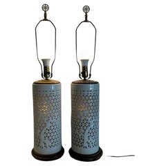 Pair of Chinese Illuminated Blanc De Chine White Porcelain Ceramic Blossom Lamp