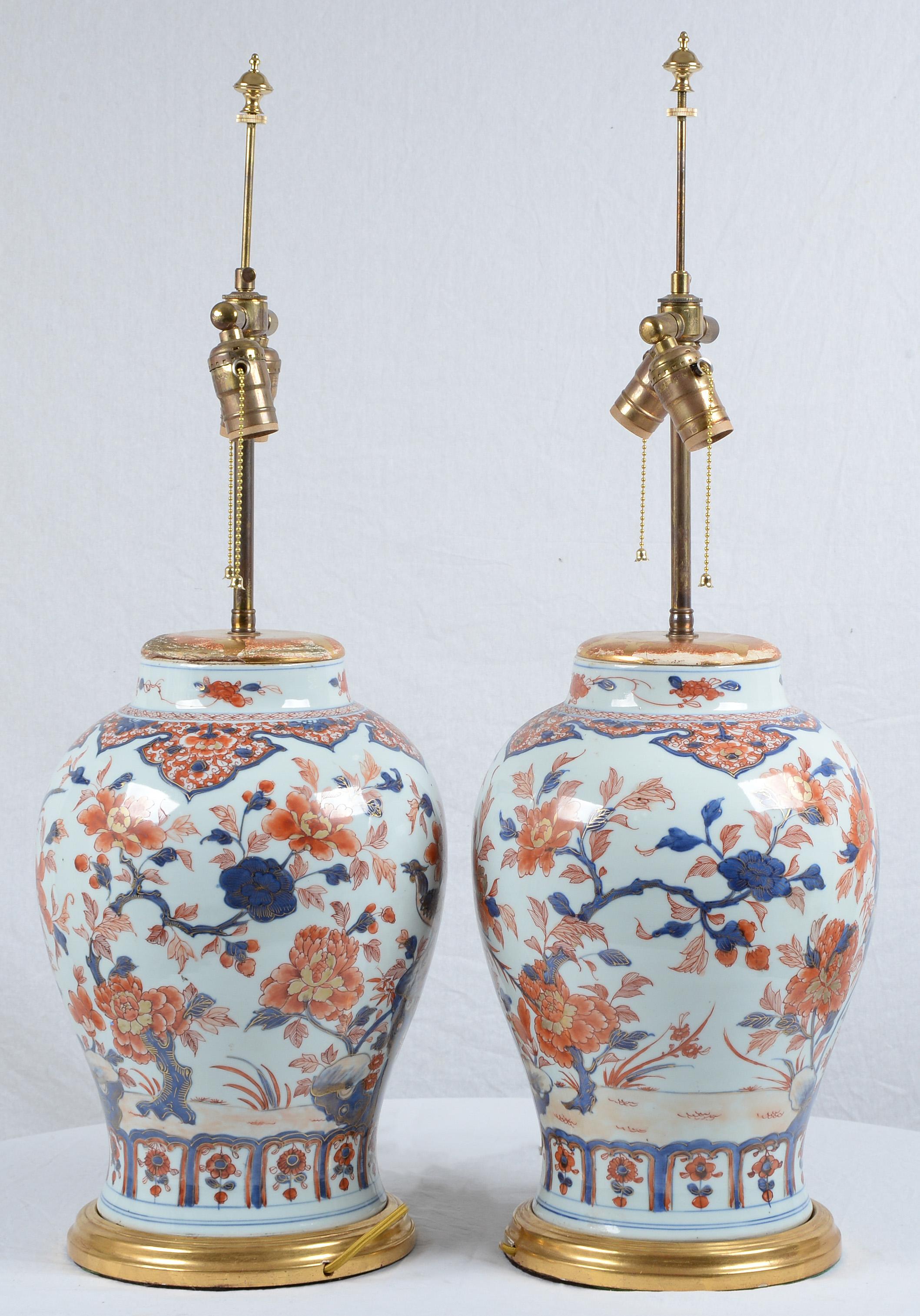 Pair of Chinese Imari Porcelain Vases mounted as Lamps In Good Condition For Sale In Kittery Point, ME