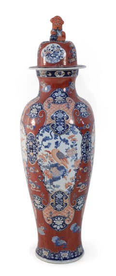 Pair of Chinese Imari-Style Monumental Lidded Porcelain Urns