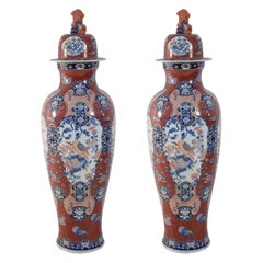 Pair of Chinese Imari-Style Monumental Lidded Porcelain Urns