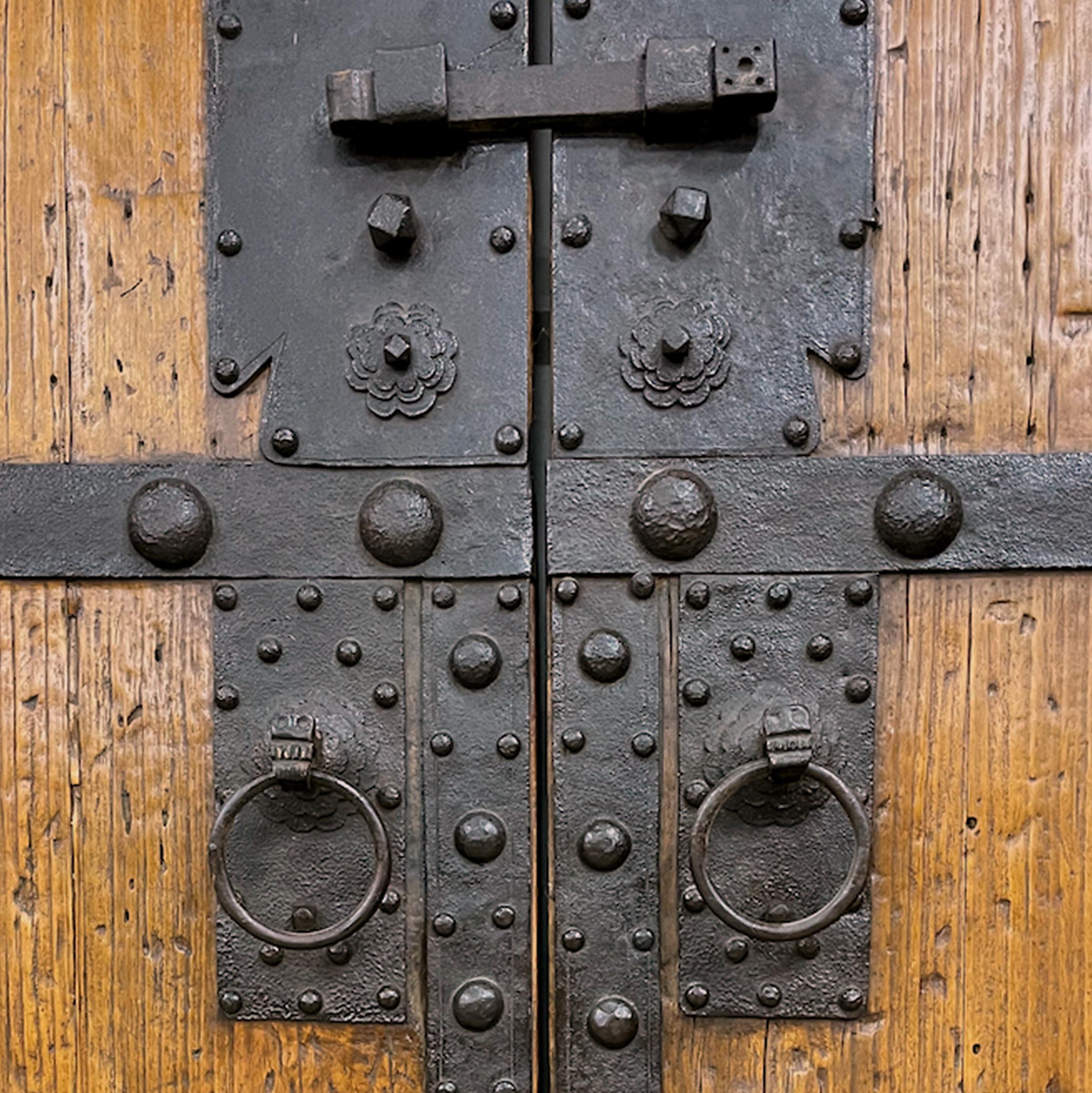 Qing Pair of Chinese Iron Bound Courtyard Doors with Frame, c. 1850 For Sale