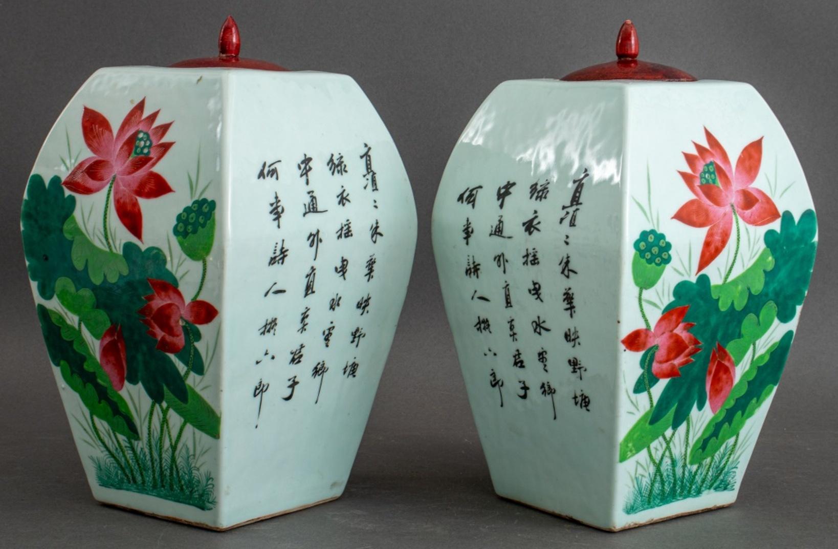 Pair of Chinese Iron Red Foo Dog Porcelain Ginger Jars 1