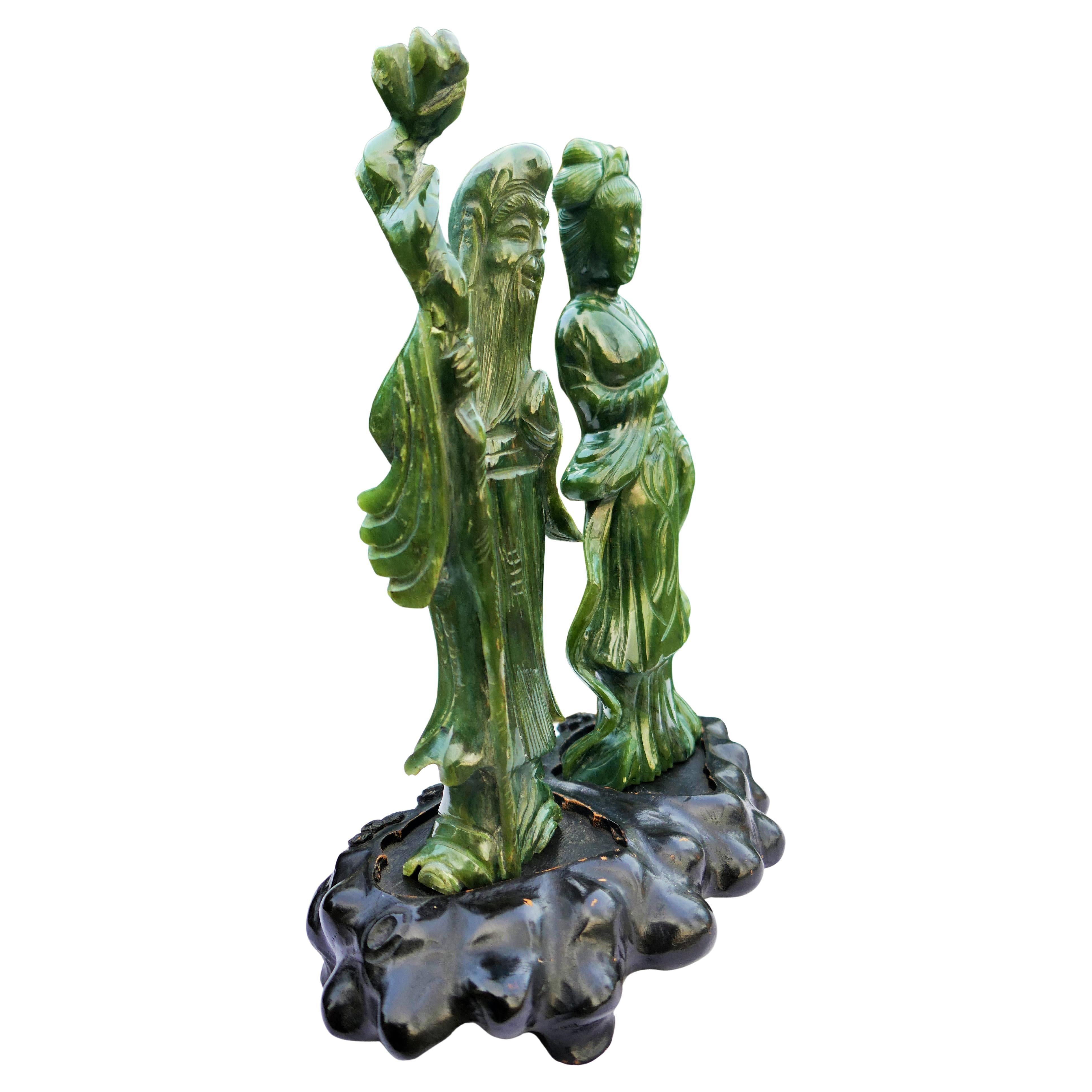 Pair of Chinese jade figures - shoulao In Good Condition For Sale In Lugo, IT
