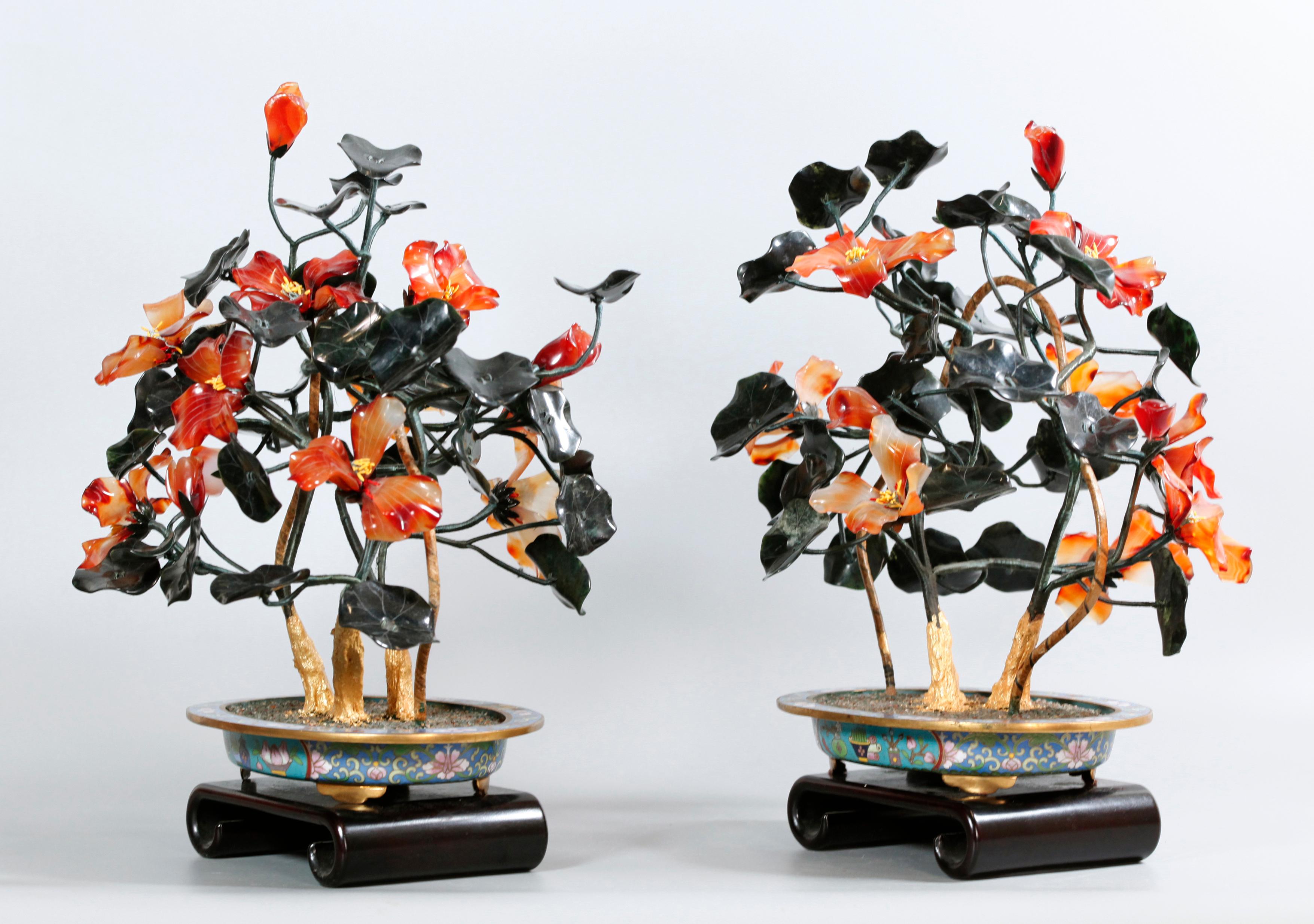 the wooden bases shown in the pictures are included with these agate/jade bonsai trees; each tree: 15in(H) x 11in(W) x 9.5in(D) (overall measurements with wooden base); without wooden base: 13.5in(H)