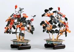Pair of Chinese Jade/Stone Bonsai Flower Trees, Each In a Cloisonné Planter