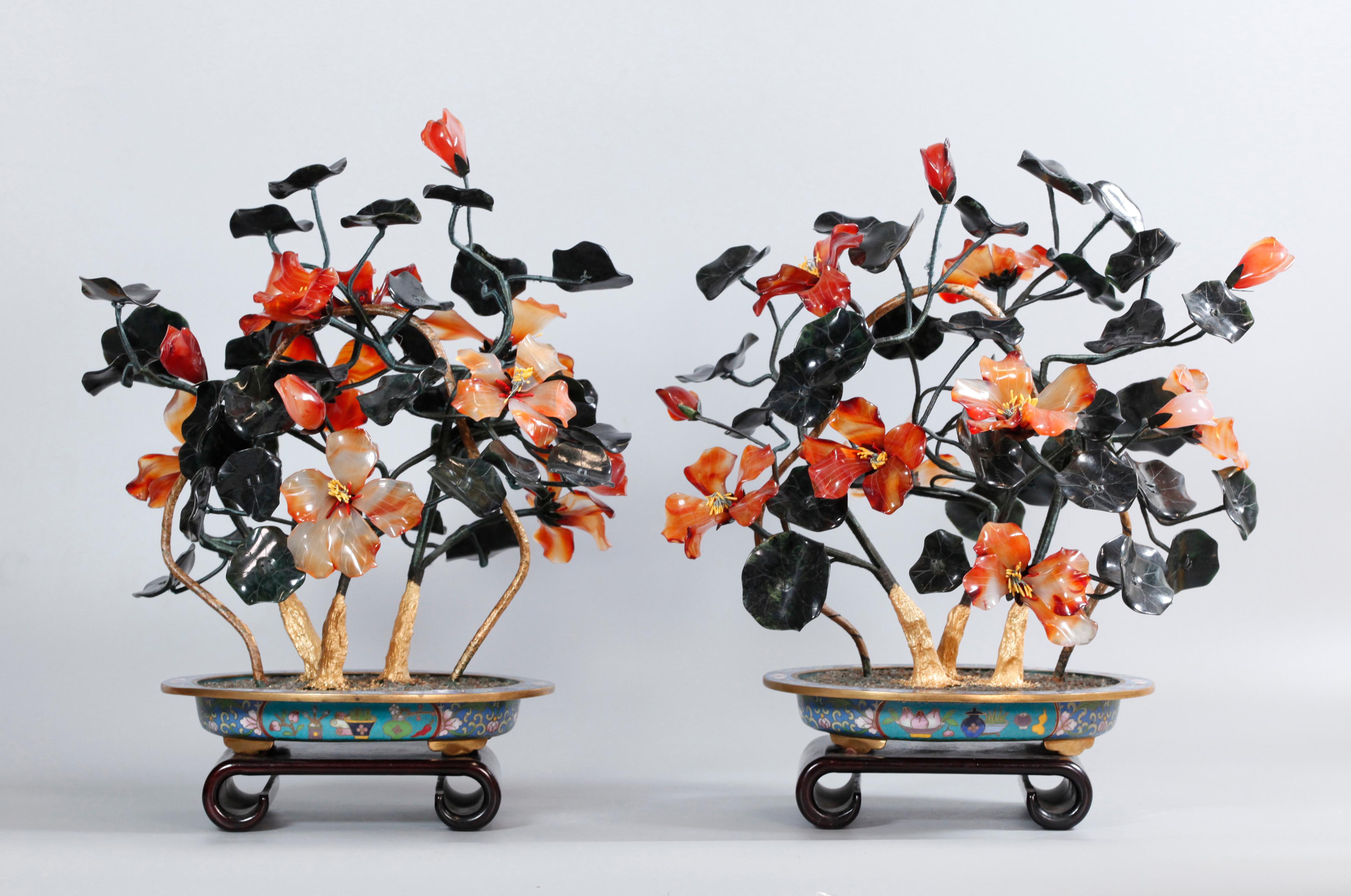 Cloissoné Pair of Chinese Jade/Stone Bonsai Flower Trees, Each In a Cloisonné Planter