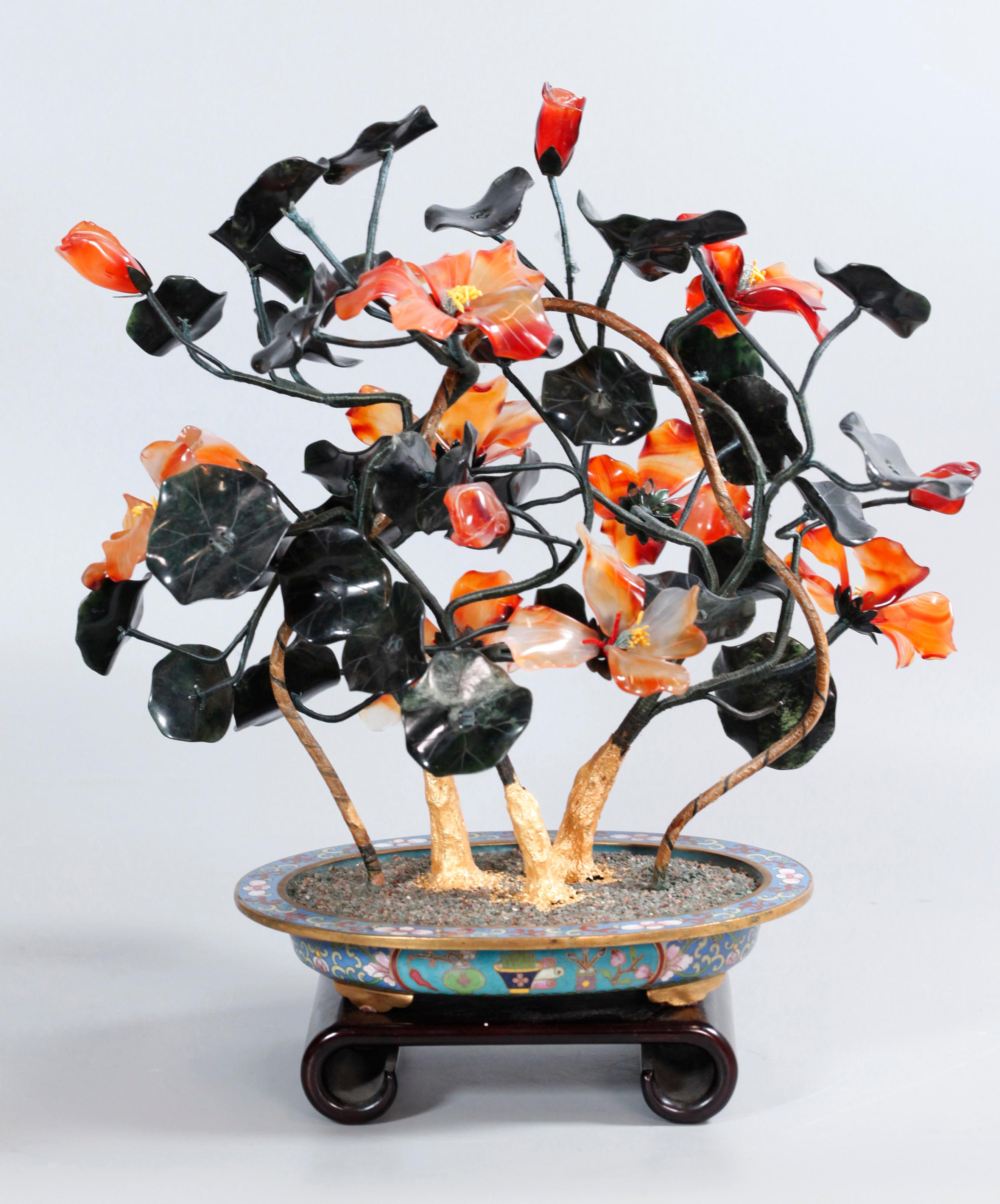 Pair of Chinese Jade/Stone Bonsai Flower Trees, Each In a Cloisonné Planter In Good Condition In New York, NY