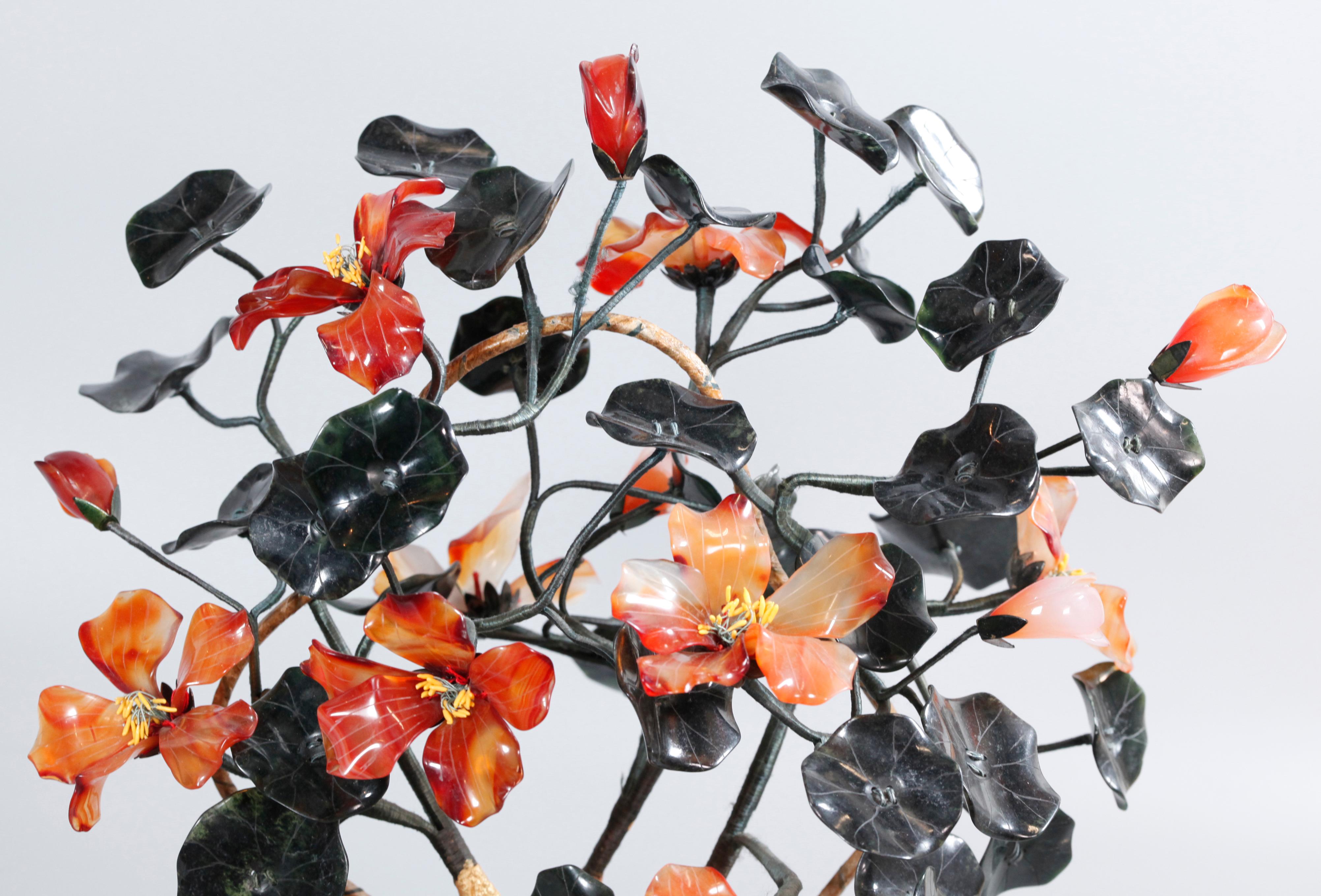 20th Century Pair of Chinese Jade/Stone Bonsai Flower Trees, Each In a Cloisonné Planter