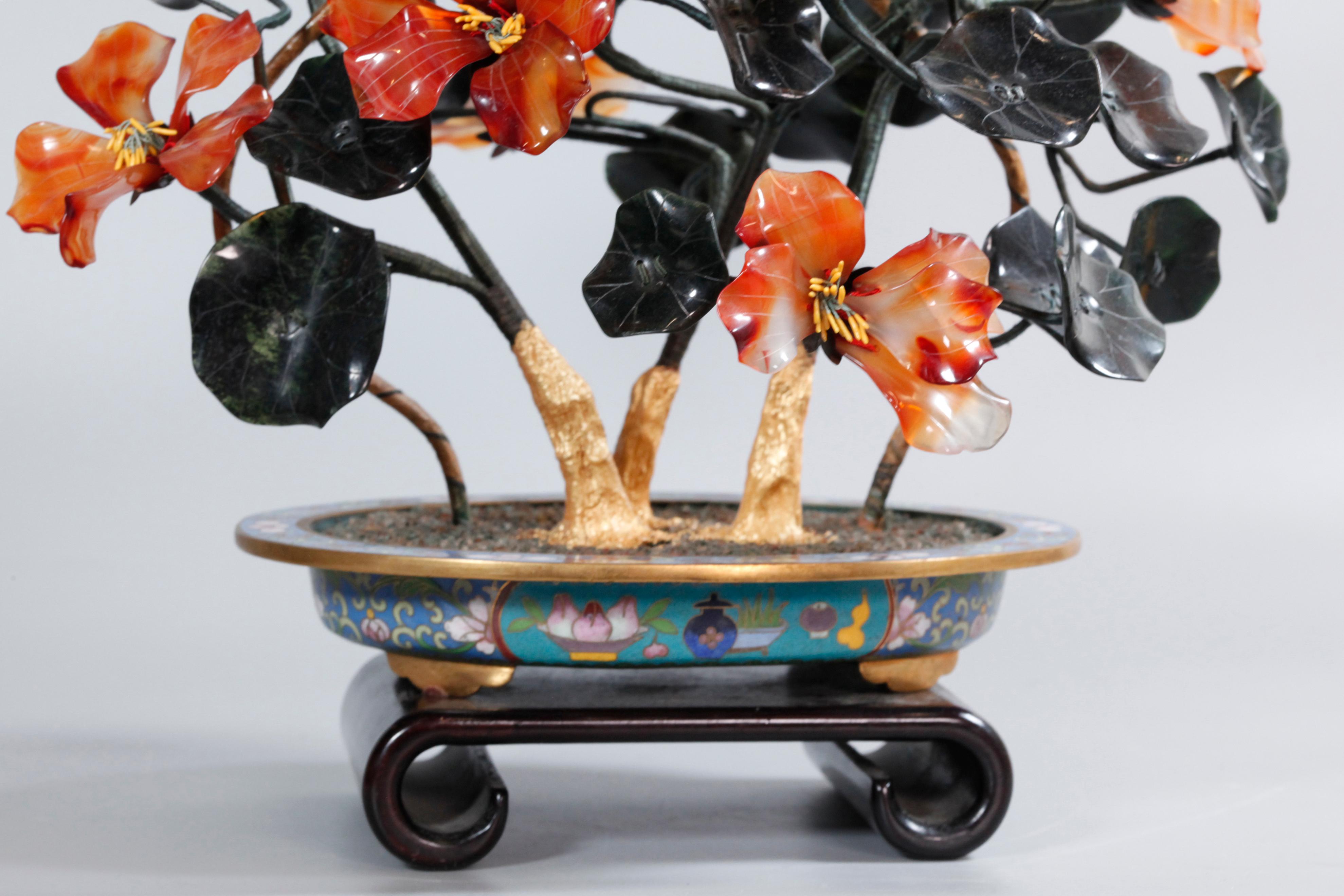 Enamel Pair of Chinese Jade/Stone Bonsai Flower Trees, Each In a Cloisonné Planter