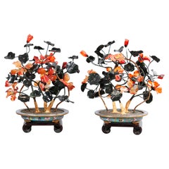 Pair of Chinese Jade/Stone Bonsai Flower Trees, Each In a Cloisonné Planter