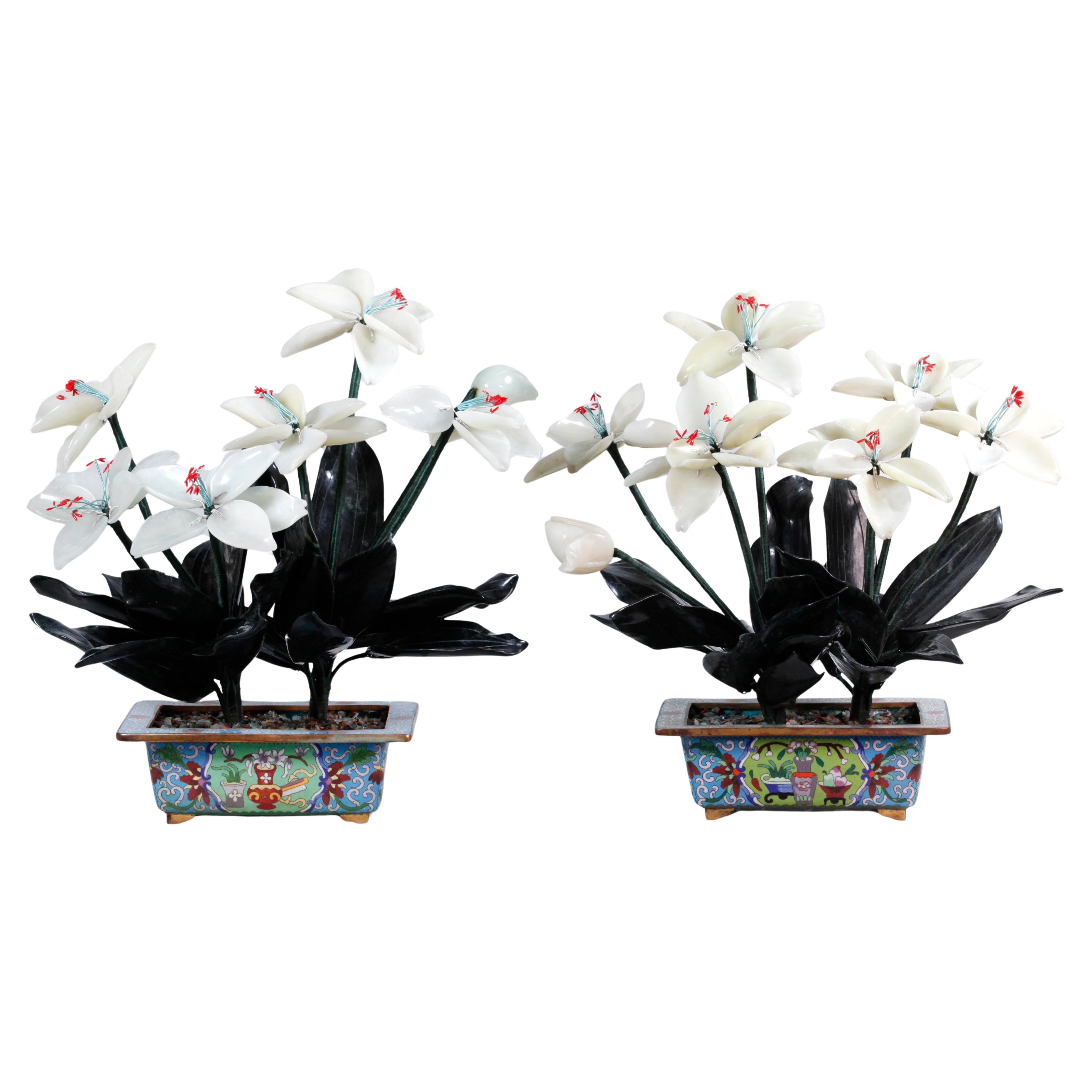 Pareja de bonsáis chinos de jade y piedra, cada uno en una maceta de cloisonné