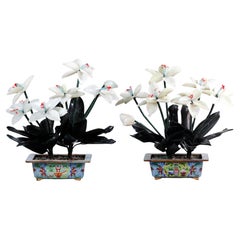 Pareja de bonsáis chinos de jade y piedra, cada uno en una maceta de cloisonné