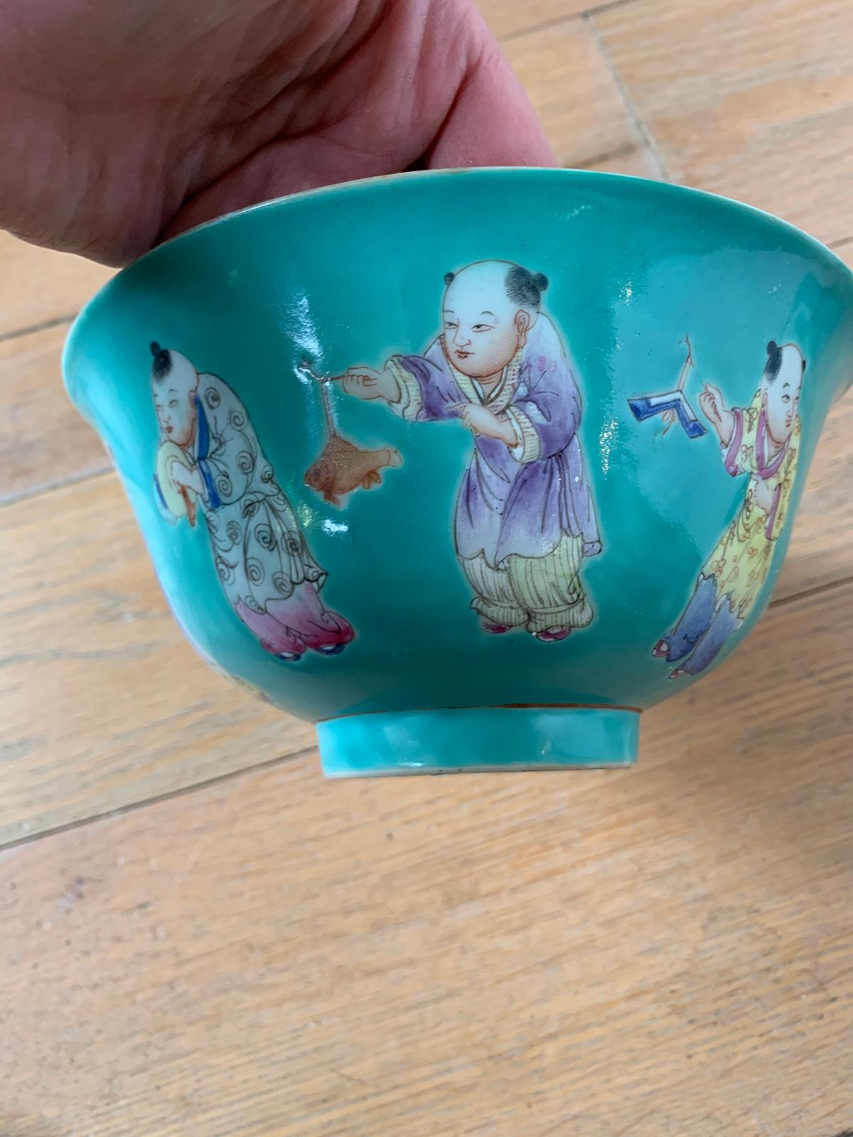 Pair of Chinese Jiaqing Famille Rose Turquoise Bowls, Hundred Boys Pattern 8