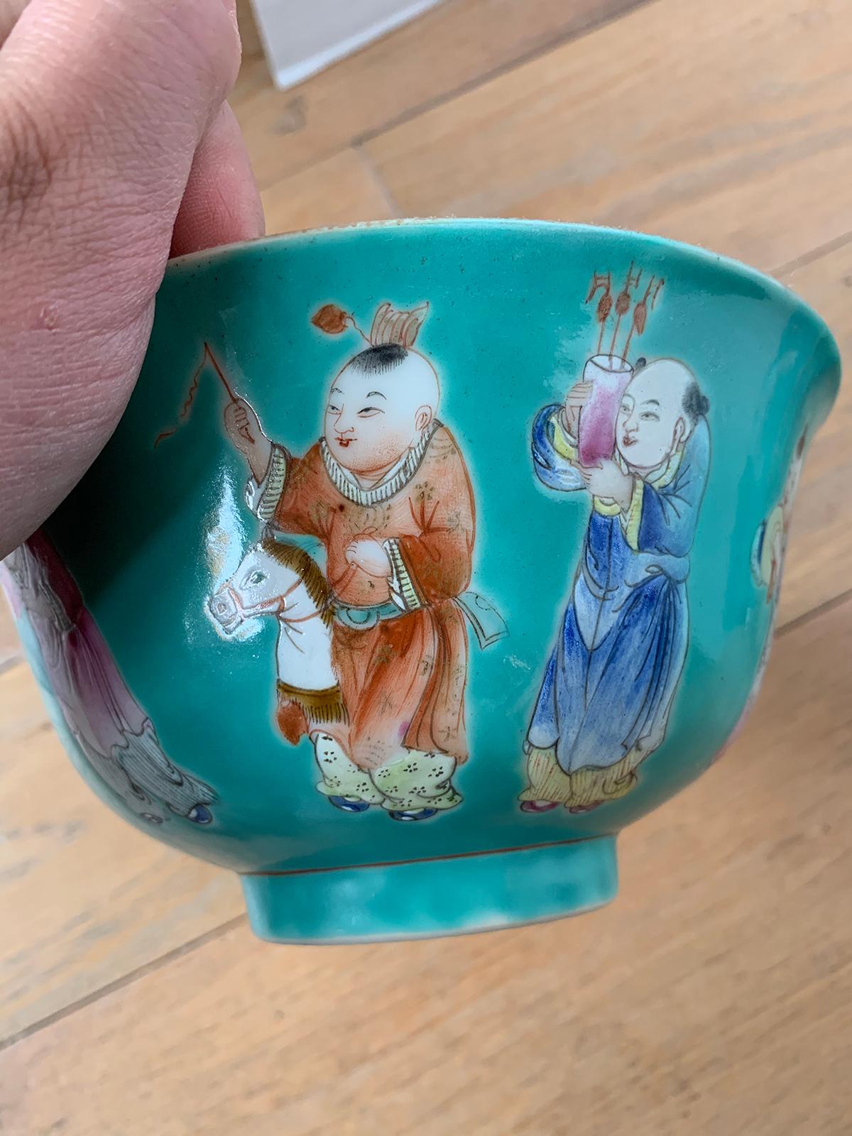 Pair of Chinese Jiaqing Famille Rose Turquoise Bowls, Hundred Boys Pattern 9