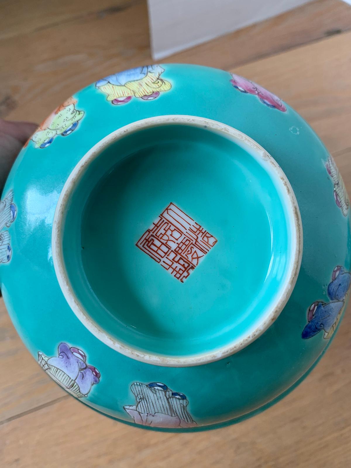 Pair of Chinese Jiaqing Famille Rose Turquoise Bowls, Hundred Boys Pattern In Good Condition In Atlanta, GA