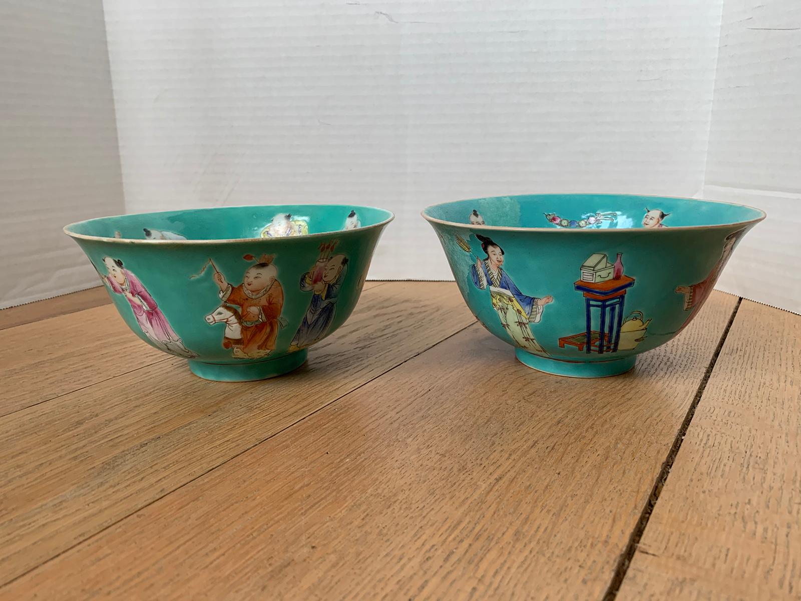 19th Century Pair of Chinese Jiaqing Famille Rose Turquoise Bowls, Hundred Boys Pattern