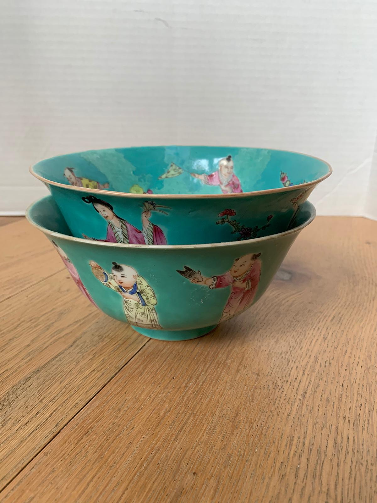 Pair of Chinese Jiaqing Famille Rose Turquoise Bowls, Hundred Boys Pattern 1