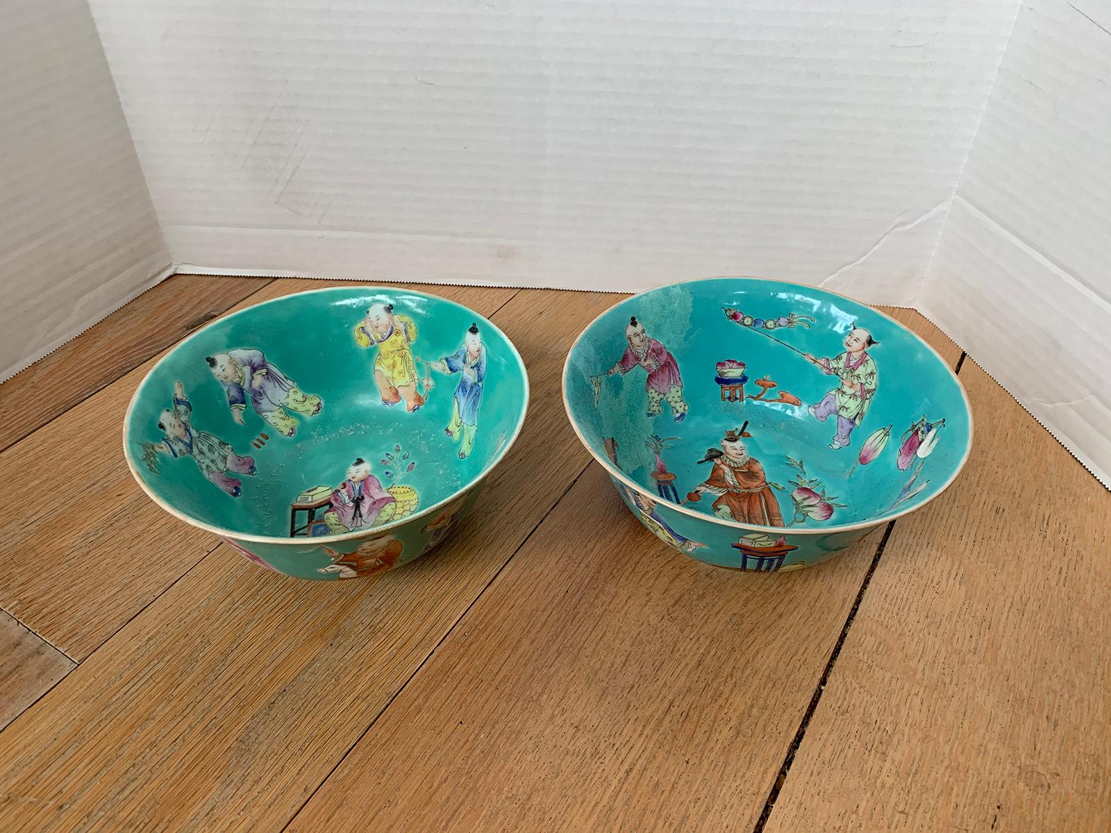 Pair of Chinese Jiaqing Famille Rose Turquoise Bowls, Hundred Boys Pattern 2
