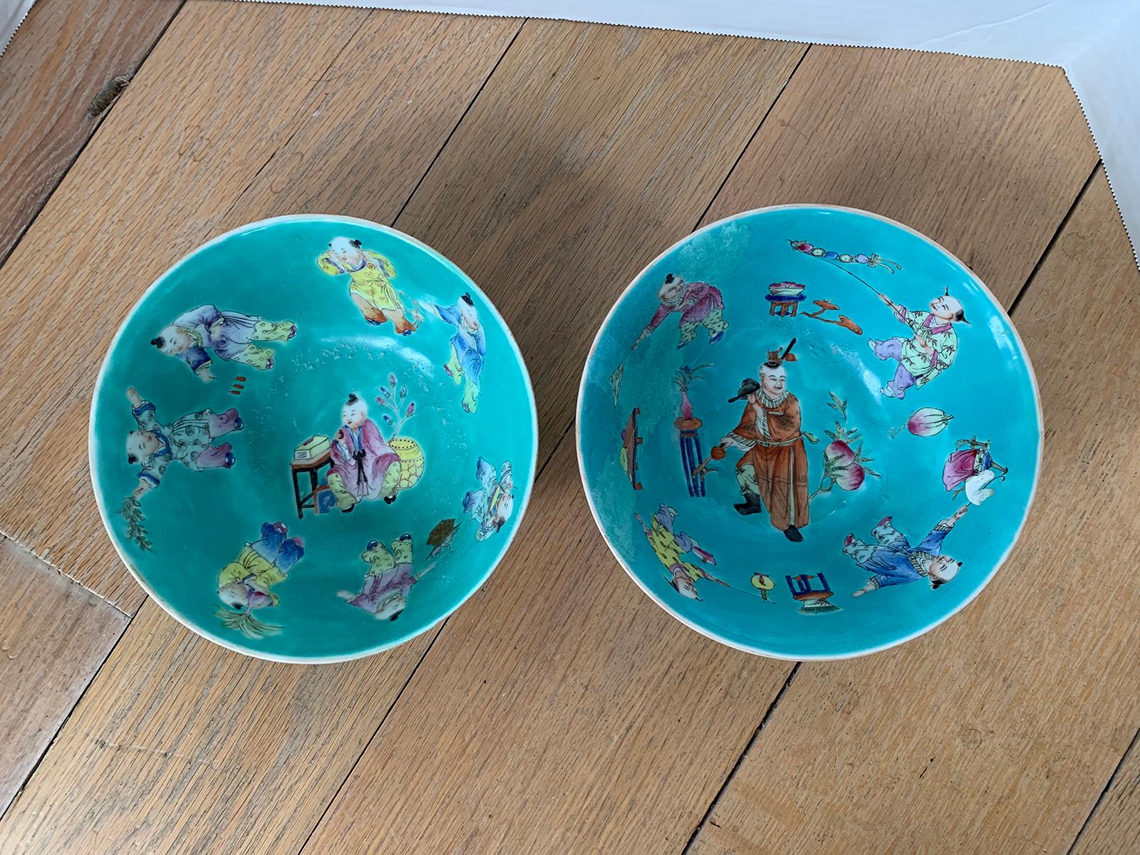 Pair of Chinese Jiaqing Famille Rose Turquoise Bowls, Hundred Boys Pattern 3