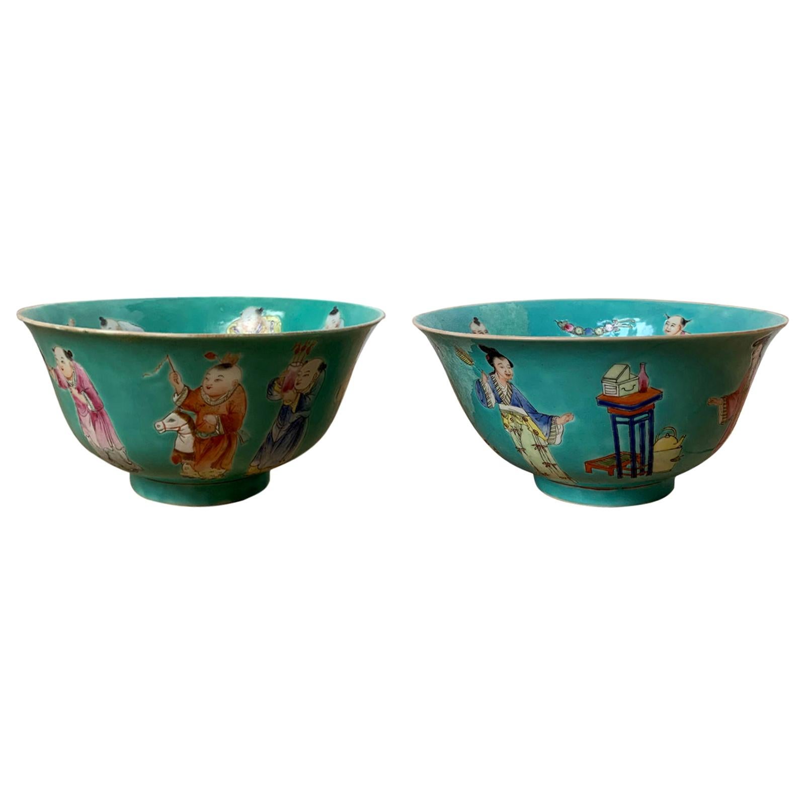 Pair of Chinese Jiaqing Famille Rose Turquoise Bowls, Hundred Boys Pattern