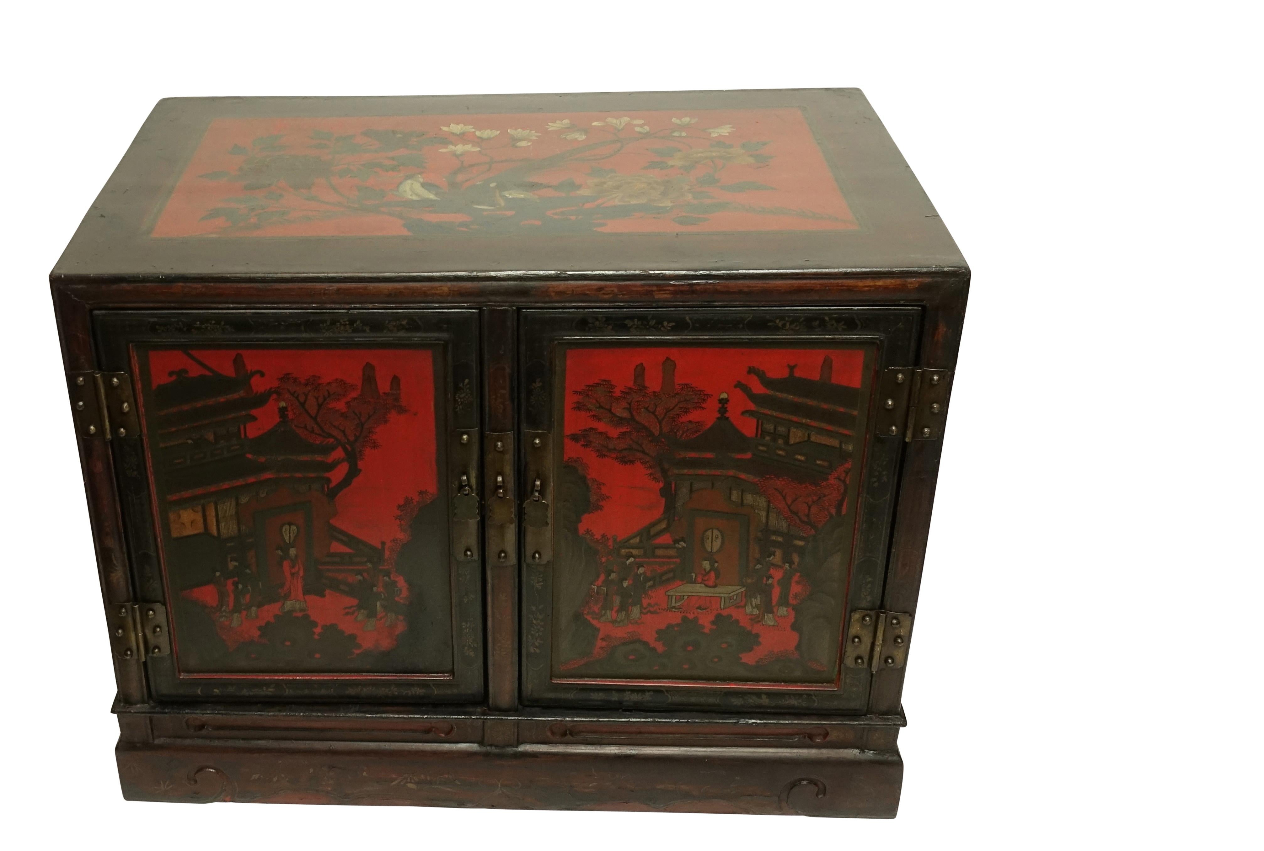 Brass Pair of Chinese Lacquer Robe Cabinets, Qing Dynasty, circa 1840