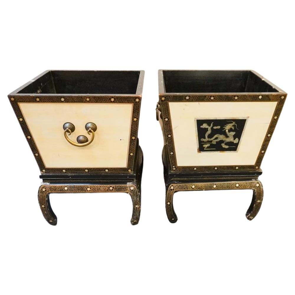 Pair Of Chinese Lacquered And Dragon Decorated Jardinières On Stands. Measures 
20