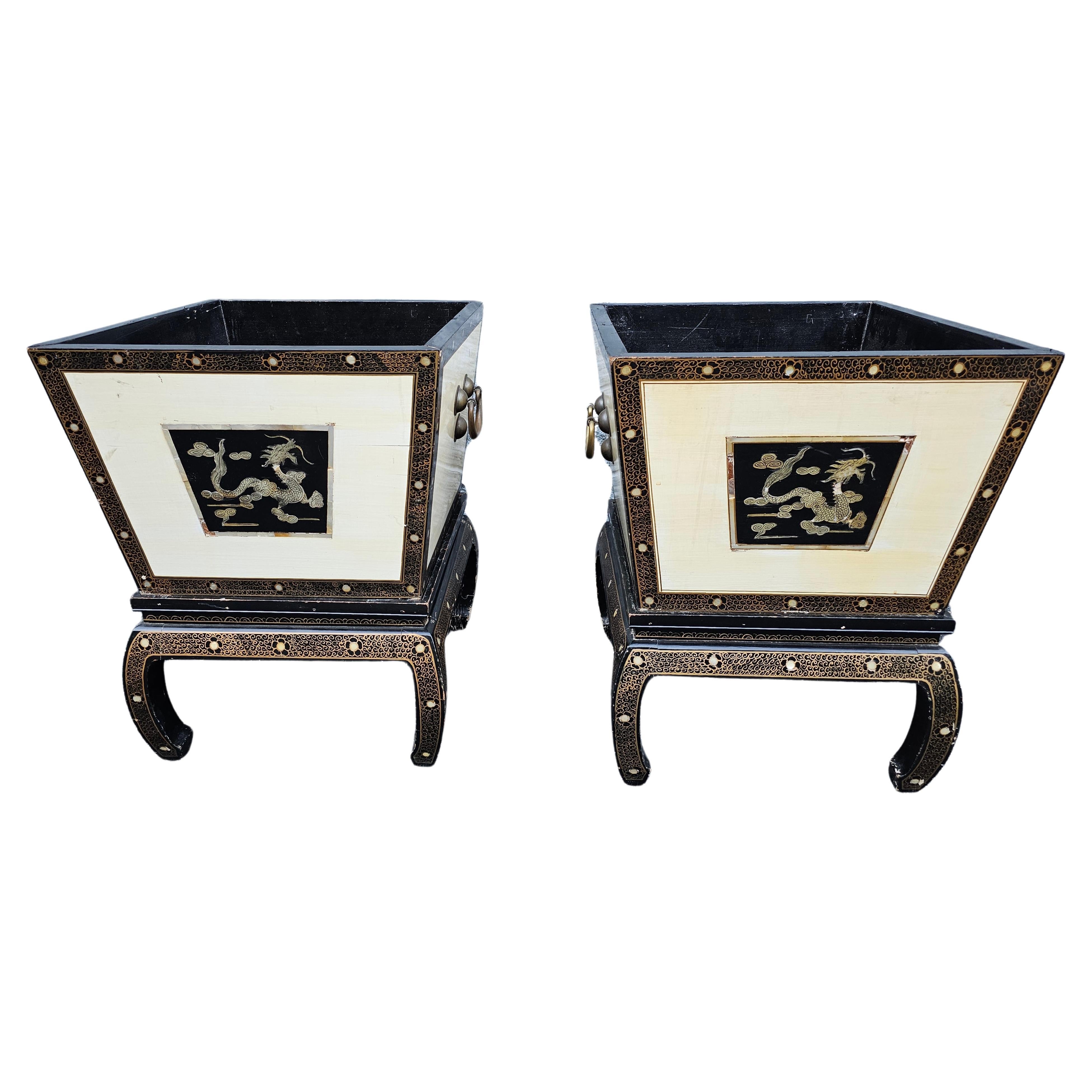 Pair Of Chinese Lacquered And Dragon Decorated Jardinières On Stands For Sale