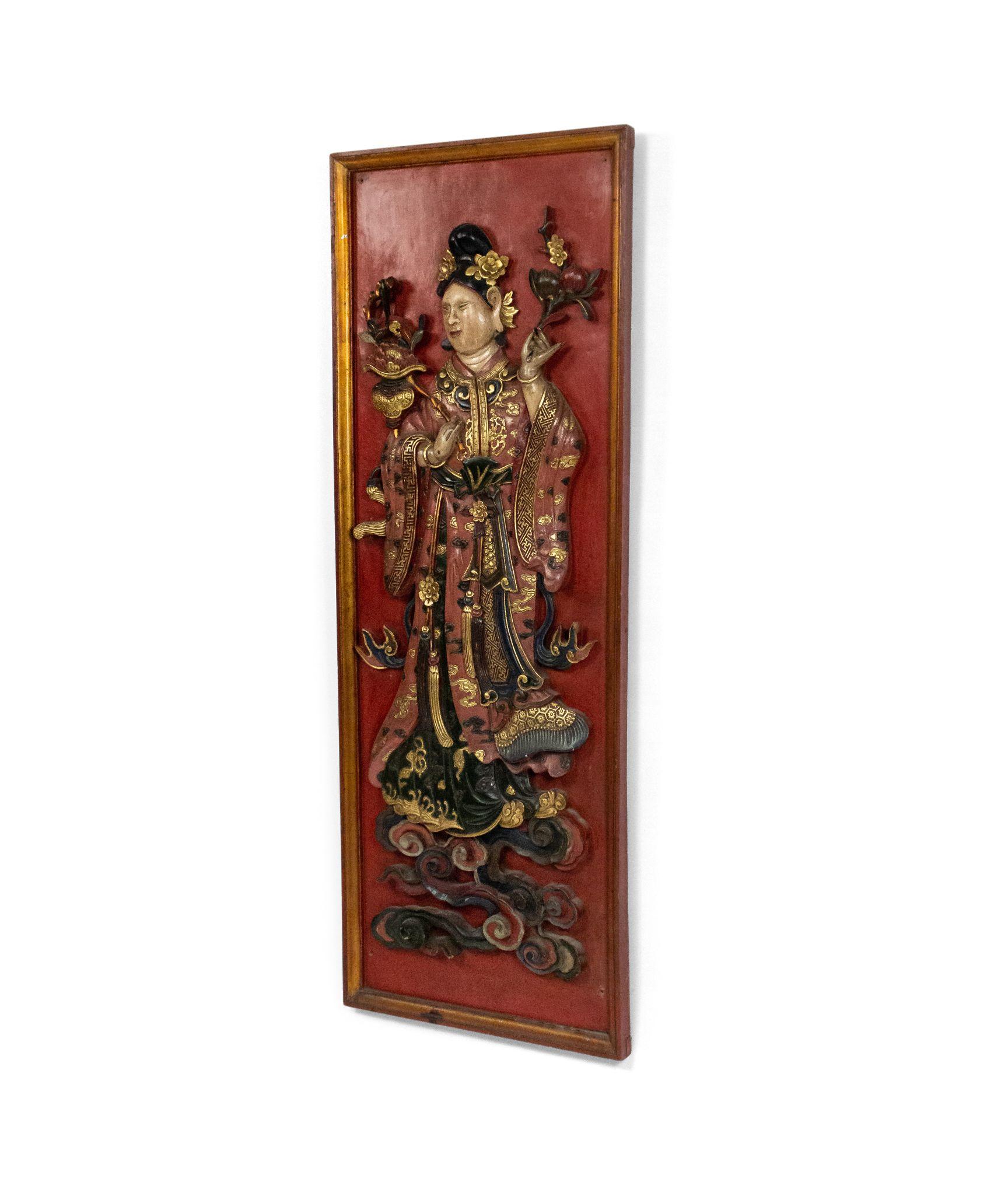 Pair of Asian Chinese style (19th century) red lacquered and decorated carved vertical wall plaques of ladies (Priced as pair).
 