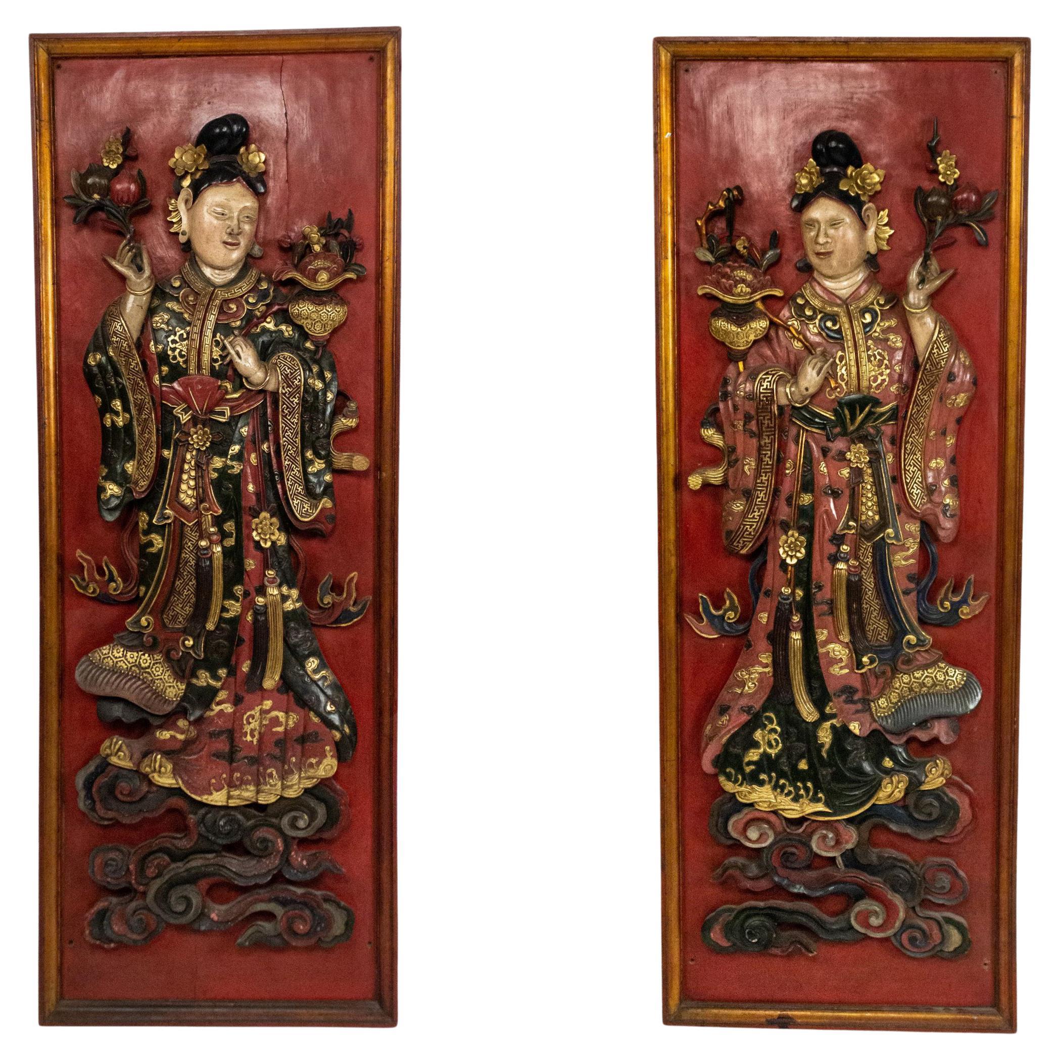 Pair of Chinese Lacquered Carved Wall Plaques For Sale