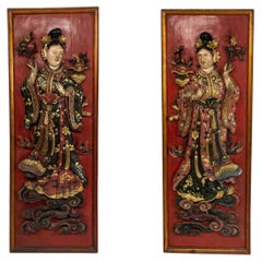 Antique Pair of Chinese Lacquered Carved Wall Plaques