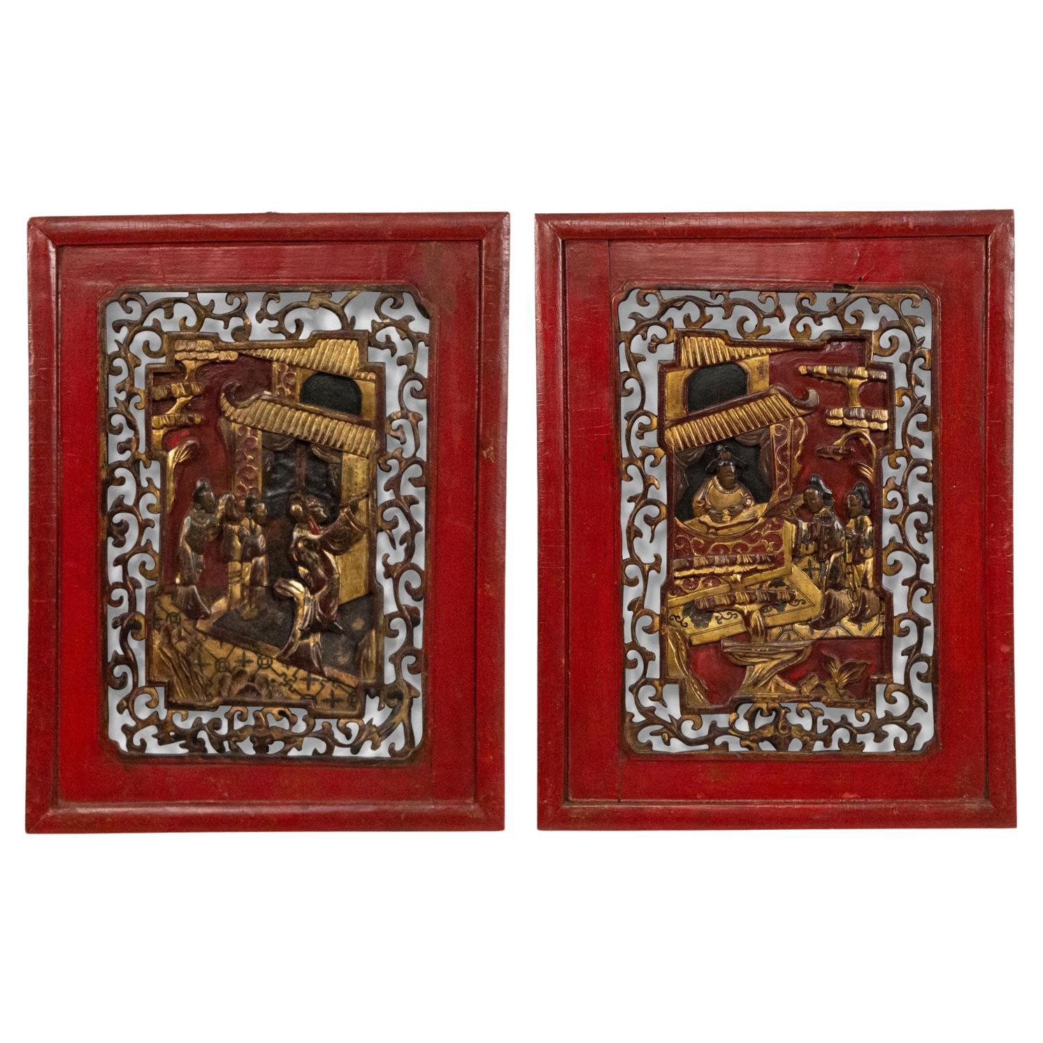 Pair of Chinese Lacquered Carved Wall Plaques For Sale