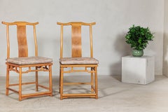 Pair of Chinese Lamp Hanger Elm Wood Chairs with Upholstered Cushions
