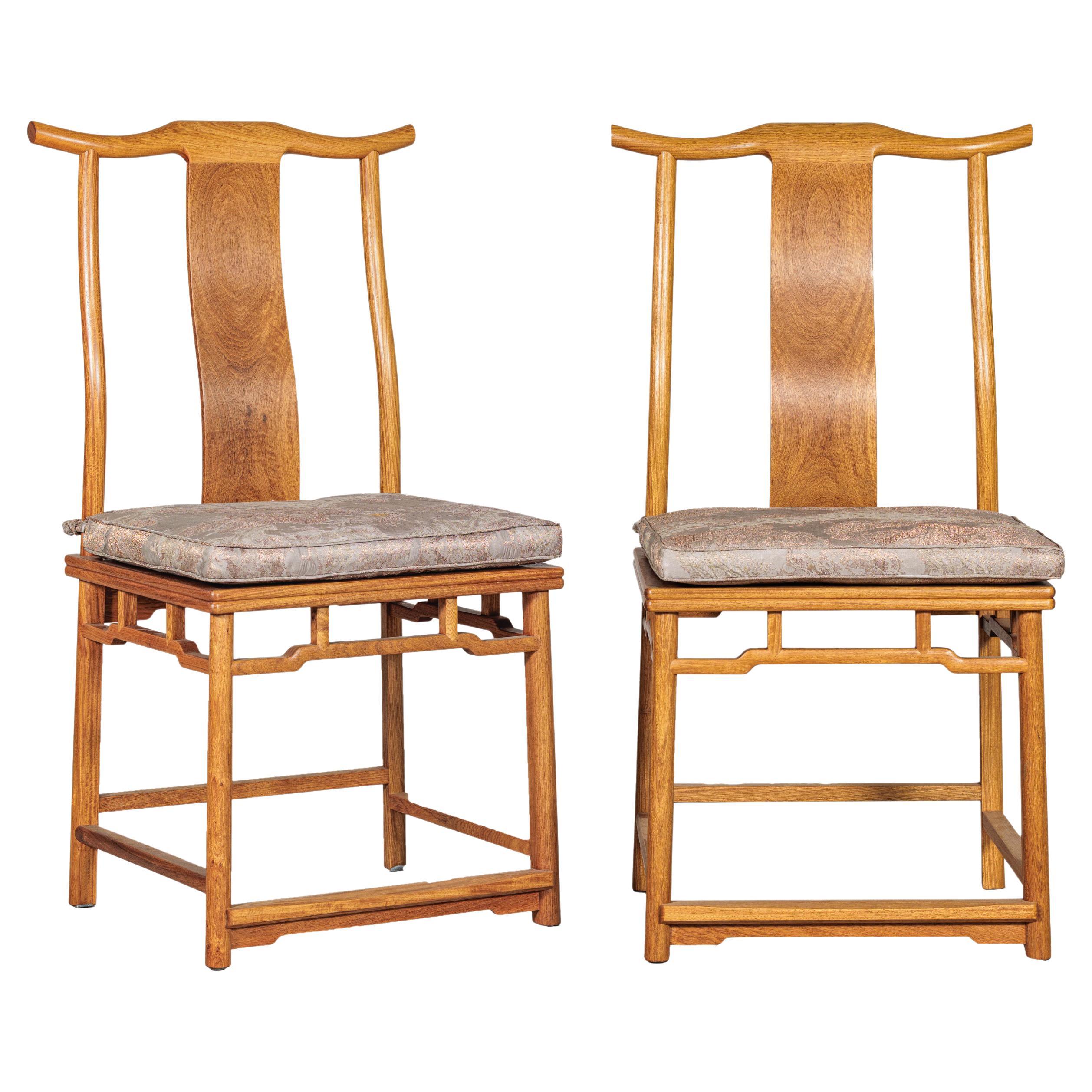 Pair of Chinese Lamp Hanger Elm Wood Chairs with Upholstered Cushions For Sale