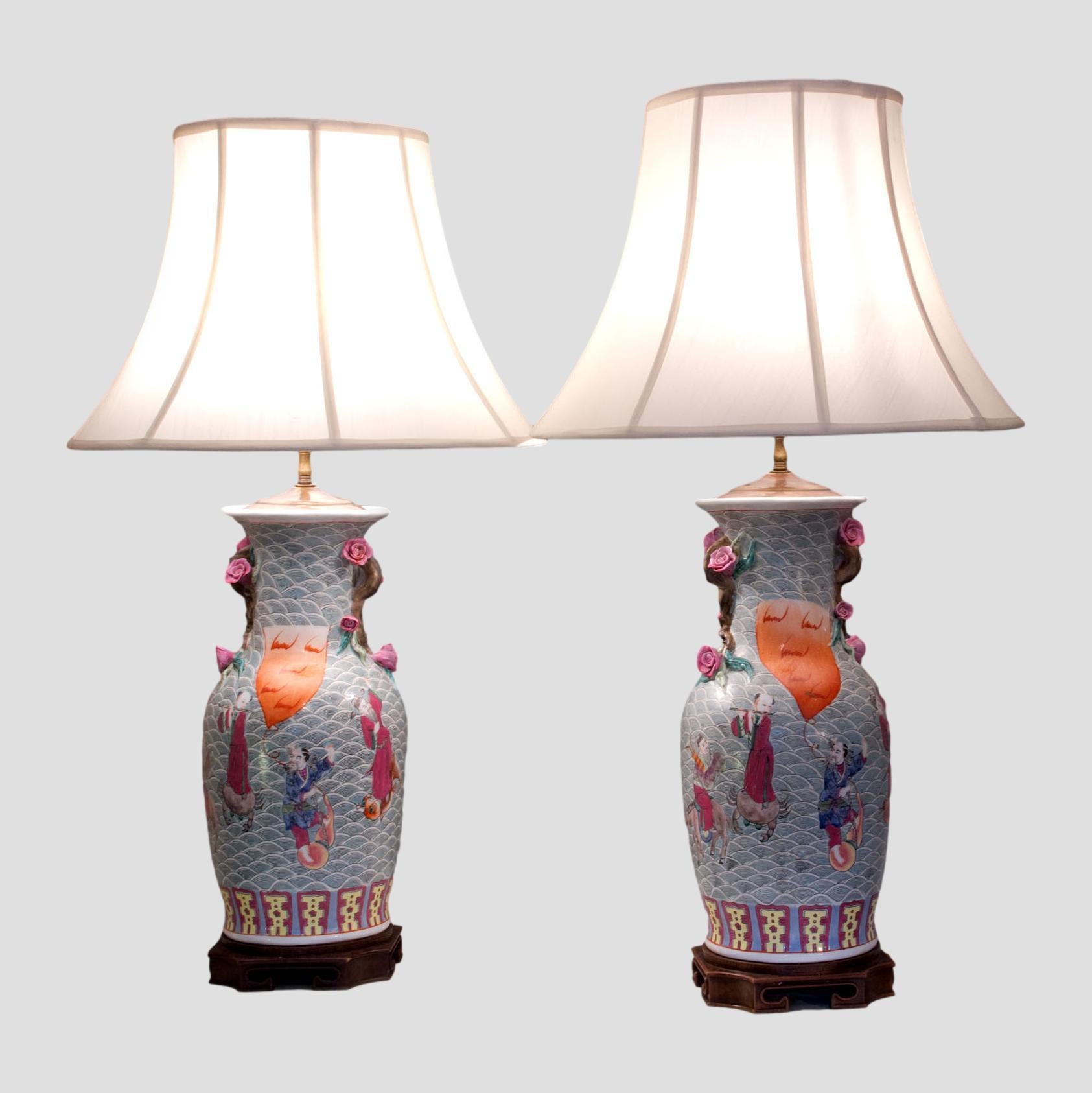 Chinese Export Pair of Blue & Orange Colour Chinese Lamps Hand Decorated with Court Scenes For Sale