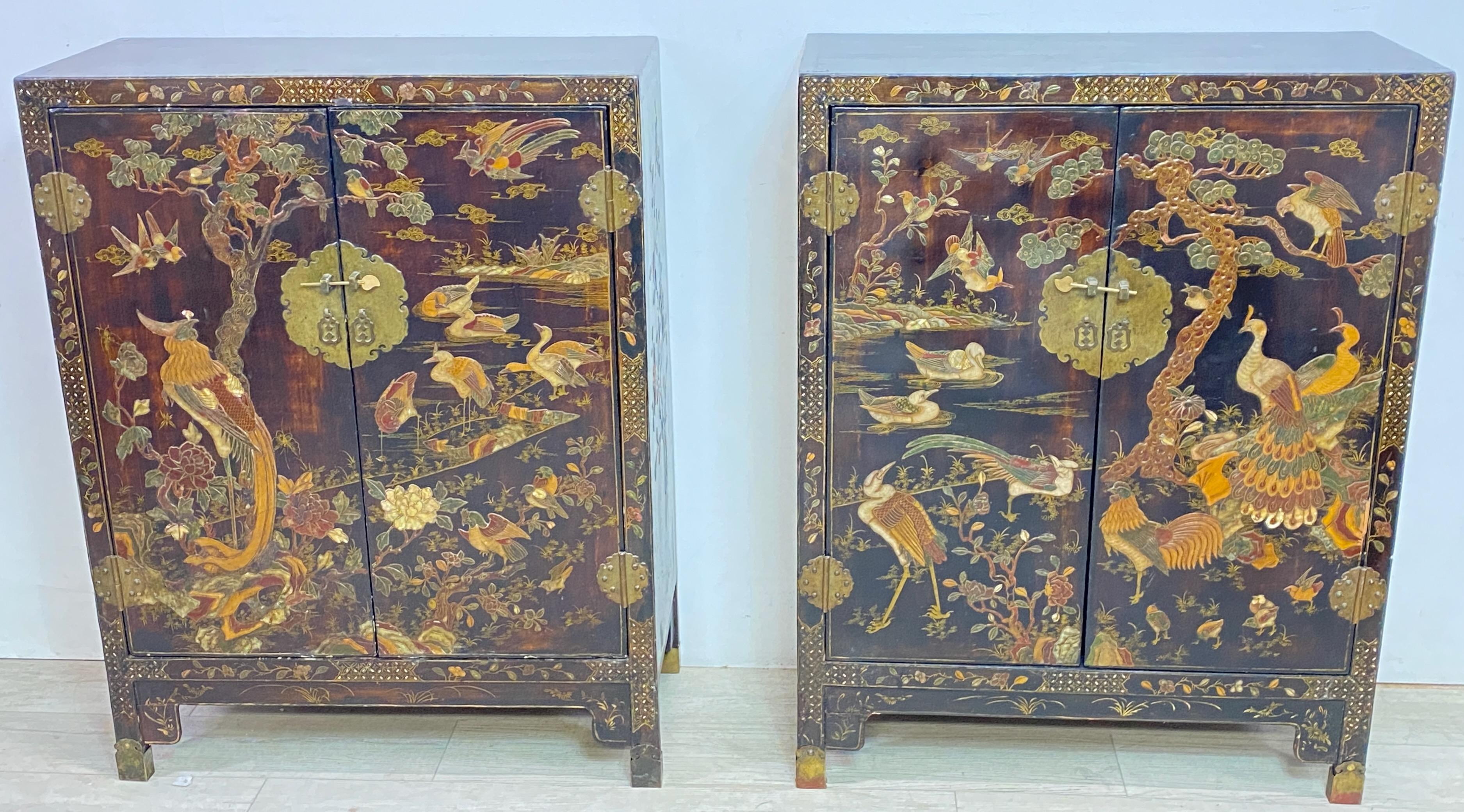 Lacquered  Pair of Chinese Laquer and Hardstone Cabinets, Late 19th - Early 20th Century For Sale